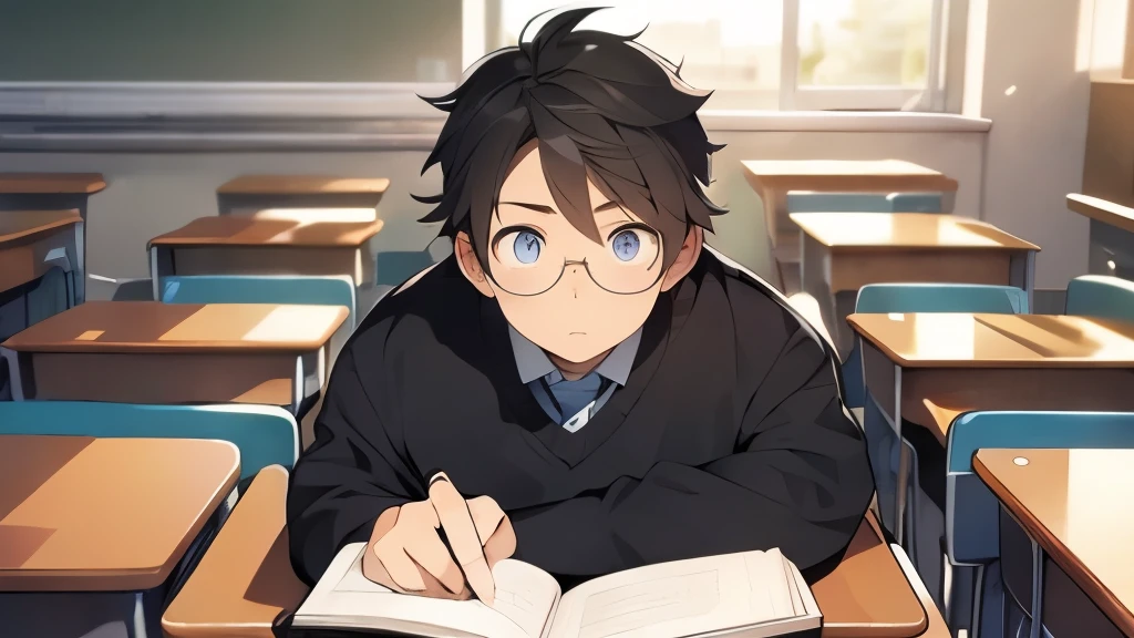 plump、Slightly thicker、male、18 year old high school student、Hair is black、eyes are big、Eyes are black、Are fat、wearing glasses、Reading a book in the classroom
