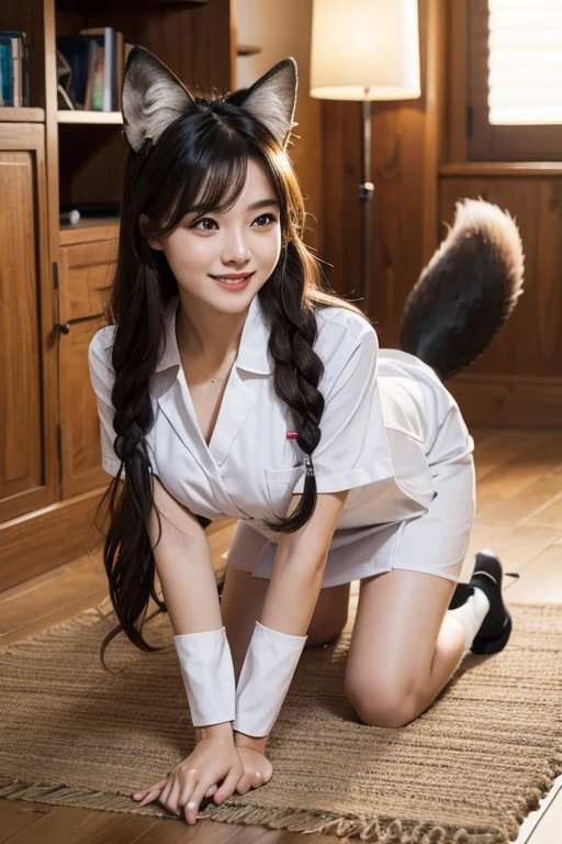 ((highest quality)), ((masterpiece)), (get used to it), perfect face, fox girl, Beautiful woman, public, A tail is growing, she has a fluffy tail, she has a fox tail, she wags her tail, smile, first round, She is wearing a nurse uniform, beautiful hips, big breasts , big tail