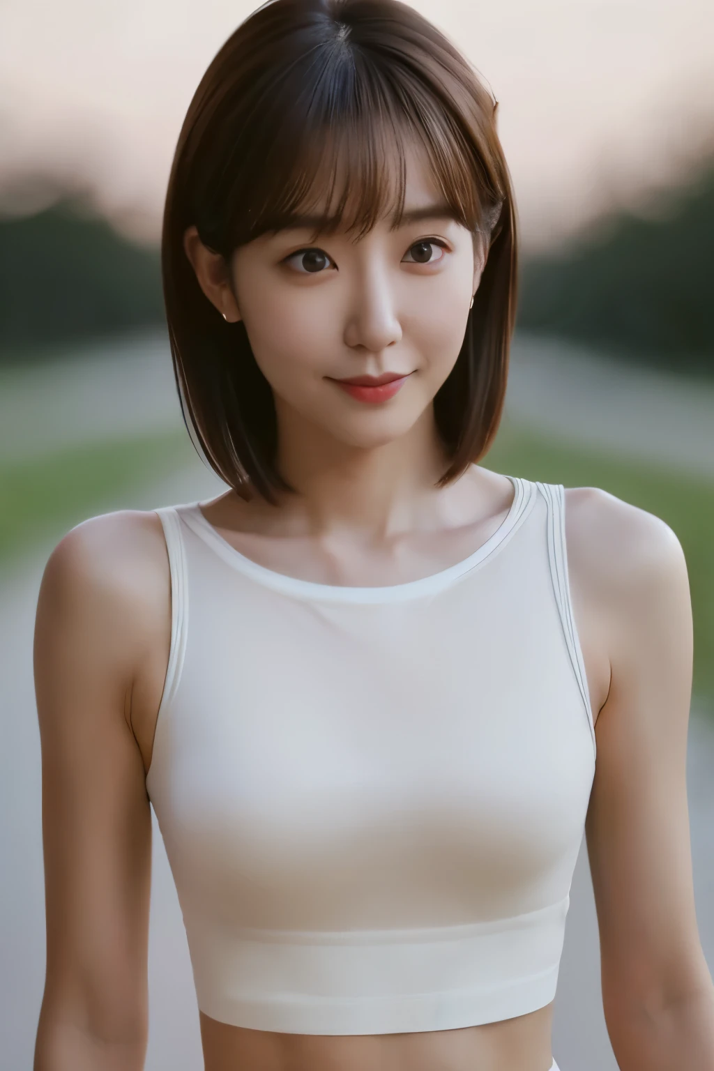 Skinny Japanese woman, 30 years old, ((Realistic lighting, Best quality, 8K, Masterpiece: 1.3)), Clear focus: 1.2, 1girl, Perfect beauty: 1.4, Slim abs: 1.1, ((Dark brown hair)), (White crop top: 1.4), (Outdoor, Night: 1.1), Park view, Super fine face, Fine eyes, Double eyelids,