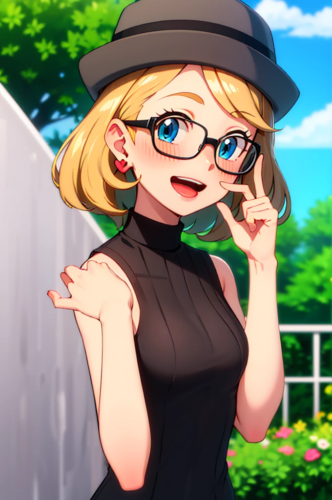 masterpiece, best quality, highres, 1girl, solo, blush, smile, short hair, open mouth, bangs, blue eyes, blonde hair, hat, jewelry, upper body, :d, earrings, outdoors, sky, sleeveless, day, tongue, shiny, cloud, hand up, water, blurry, vest, bare arms, eyelashes, turtleneck, border, happy, grass, sweater vest, sleeveless turtleneck, grey headwear,  glasses