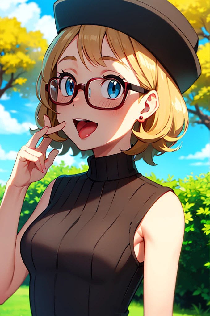 masterpiece, best quality, highres, 1girl, solo, blush, smile, short hair, open mouth, bangs, blue eyes, blonde hair, hat, jewelry, upper body, :d, earrings, outdoors, sky, sleeveless, day, tongue, shiny, cloud, hand up, water, blurry, vest, bare arms, eyelashes, turtleneck, border, happy, grass, sweater vest, sleeveless turtleneck, grey headwear, glasses