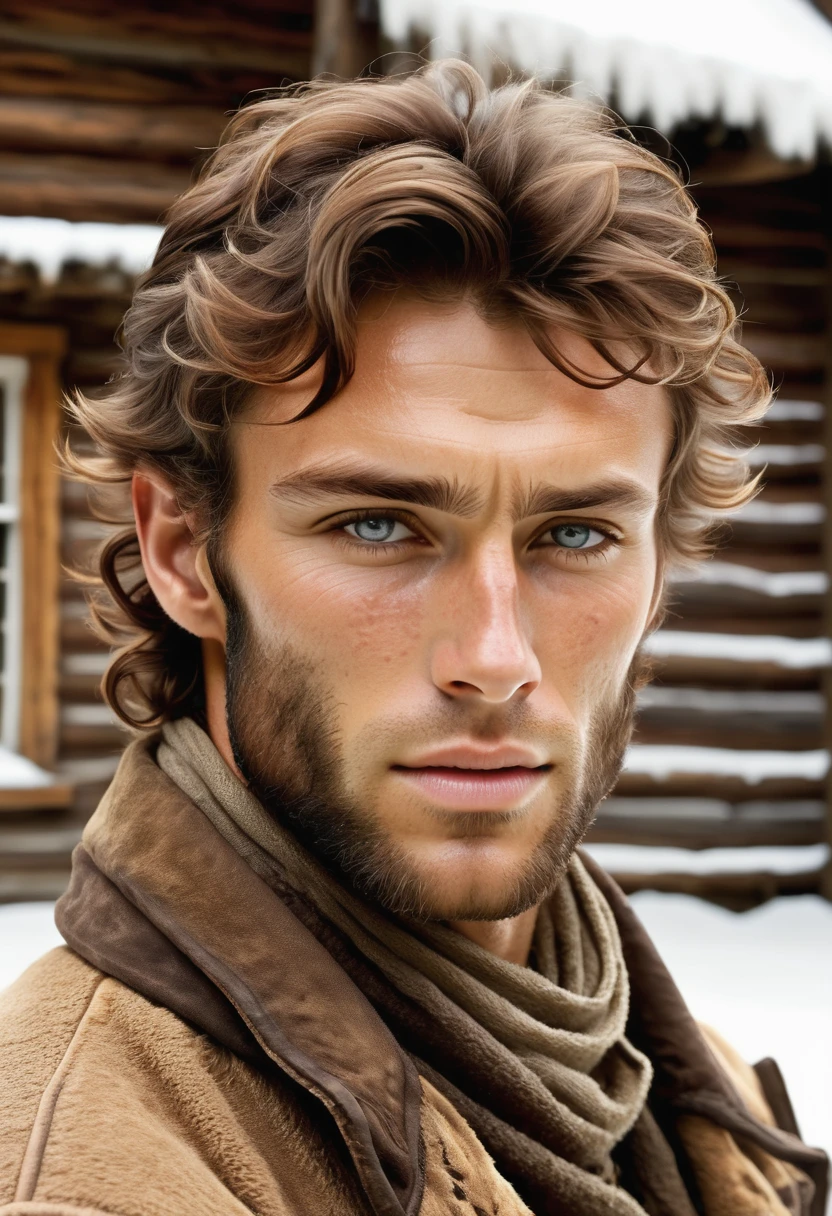 (highly detailed, soft light, photorealistic, dynamic light; cinematic); victorian era; 1820s; 32 years old man; German; 1820s gentleman; leadership figure; strikingly handsome; confident and intensely alluring; wild man aesthetic; defined cheekbones; defined strong jawline; longer chin; handsome face; strapping; tough but romantically interested expression; masculine face with several scars; charismatic; grizzled; sensual; strong aristocratic nose; manly passionate air; very attractive; burly broad stature; broad strong shoulders; ruddy weathered skin; 5'o'clock shadow long stubble; natural light-blue eyes; thick strong chestnut-brown eyebrows; carefully-shaped 1820s sideburns; 1820s old thick brown coat; short straight chestnut-brown hair in 1820's hairstyle; full firm masculine lips; standing in a cosy log cabin during a snowy day in 1820's Canada; looking at camera