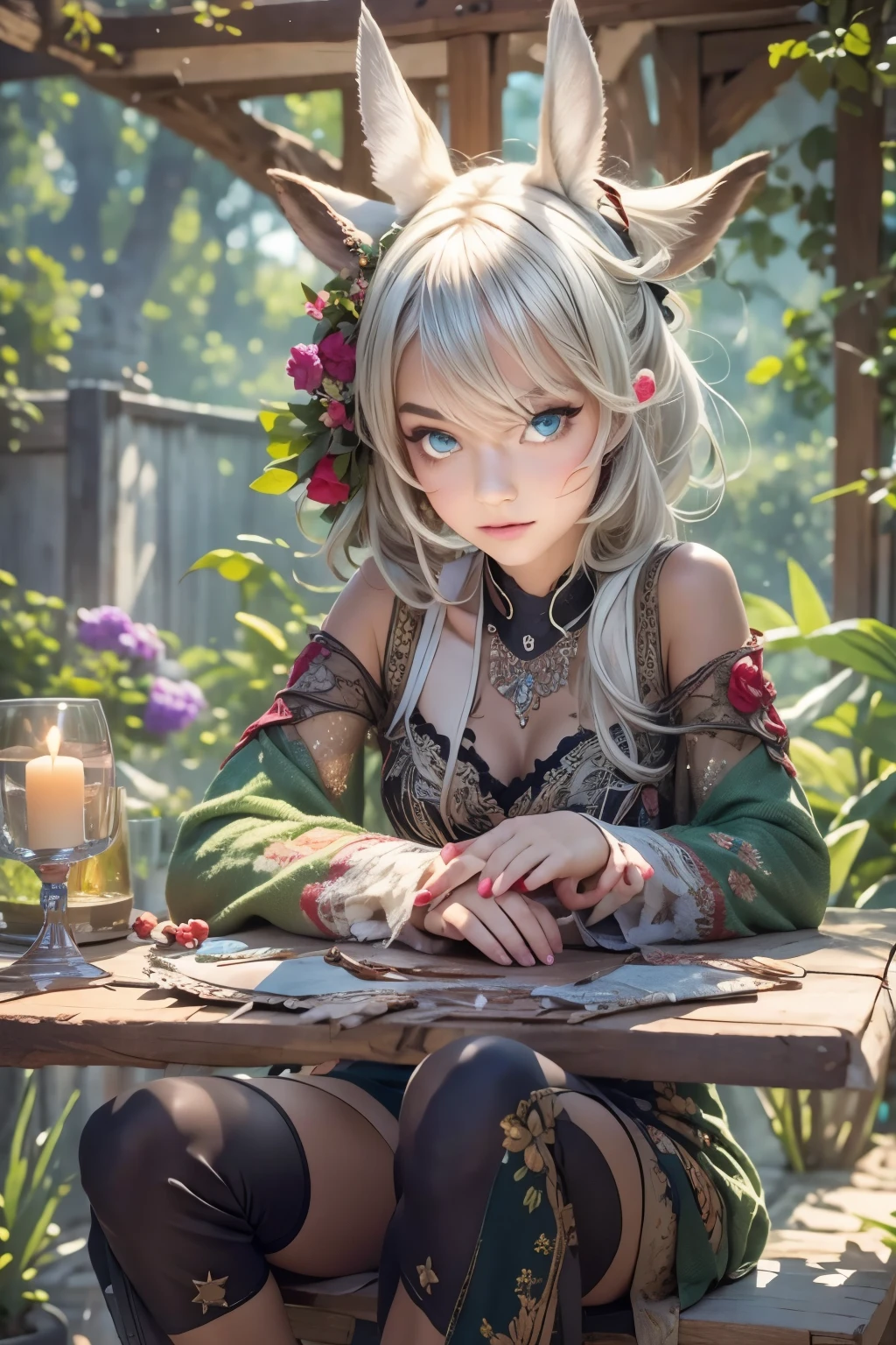 masterpiece, best quality,ultra-detailed,hyper details, cinematic light,, 1girl, solo, sit, outdoor, summerhouse, sitting in the summerhouse, plants, table, chandelier, candle, wind, green eyes, pan-green silver hair, short hair, animal_ears, animal_ear_fluff, floating hair, light, light frown, profile,looking at viewer, dynamic_angle
