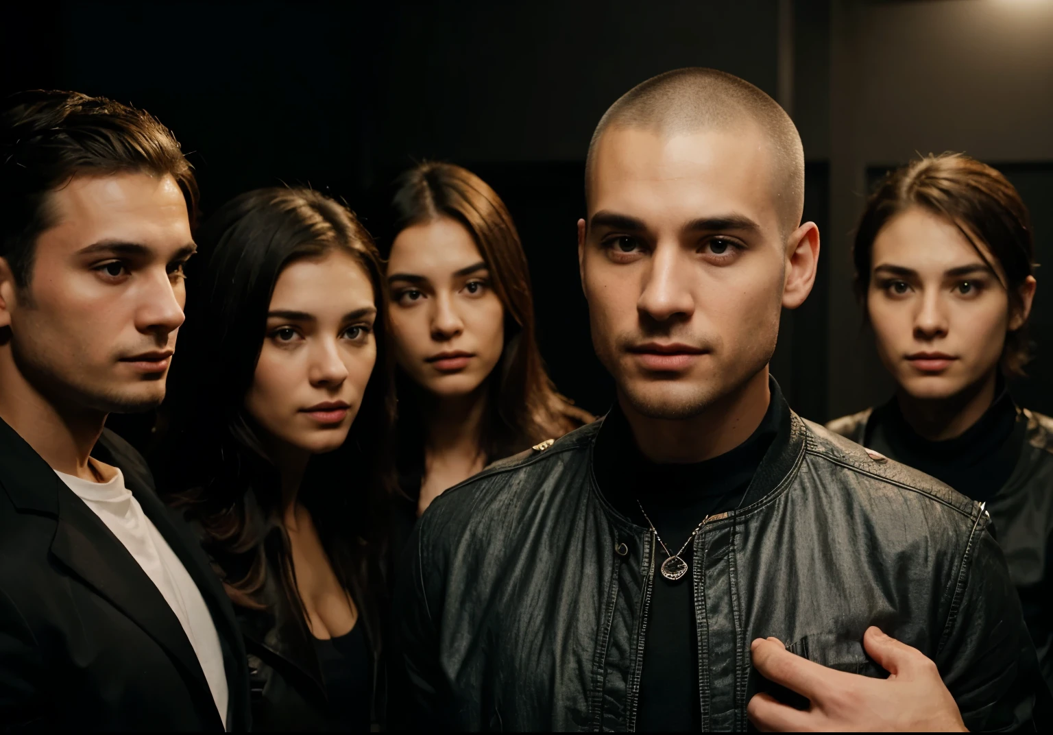 Generate an image of a 25-year-old man with a military-style buzz cut, exuding confidence and enthusiasm as he stands in the center of a group of four people. He's dressed in a black jacket over a white shirt and jeans, his attire adding to his charismatic presence. With captivating body language and expressive gestures, he speaks passionately, drawing everyone's attention to his story. The people surrounding him are engaged and amused, hanging on to his every word, captivated by his magnetism. Their expressions reflect their fascination and admiration for him as they listen intently to his tale. This composition captures the dynamic scene of a charismatic storyteller holding his audience spellbound with his confident demeanor and compelling narrative.
