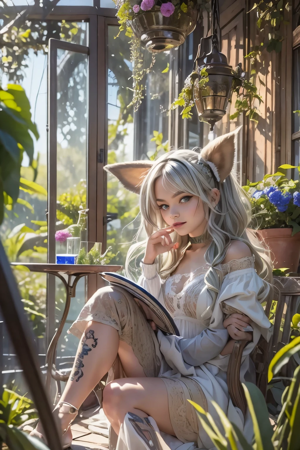 masterpiece, best quality,ultra-detailed,hyper details, cinematic light,, 1girl, solo, sit, outdoor, summerhouse, sitting in the summerhouse,  plants, table, chandelier, candle, wind, green eyes, pan-green silver hair, short hair, animal_ears, animal_ear_fluff, floating hair, light, light frown, profile,looking at viewer, dynamic_angle