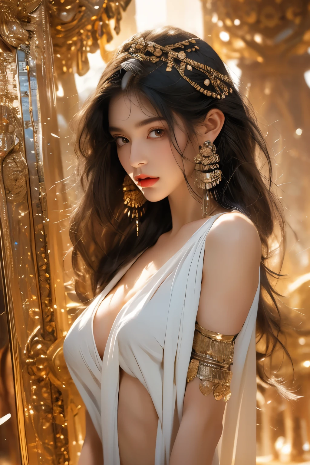 Beautiful woman with perfect body:1.4,layered hairstyle,prominent cleavage,Highly detailed facial and skin textures,double eyelids,whiten skin,long hair