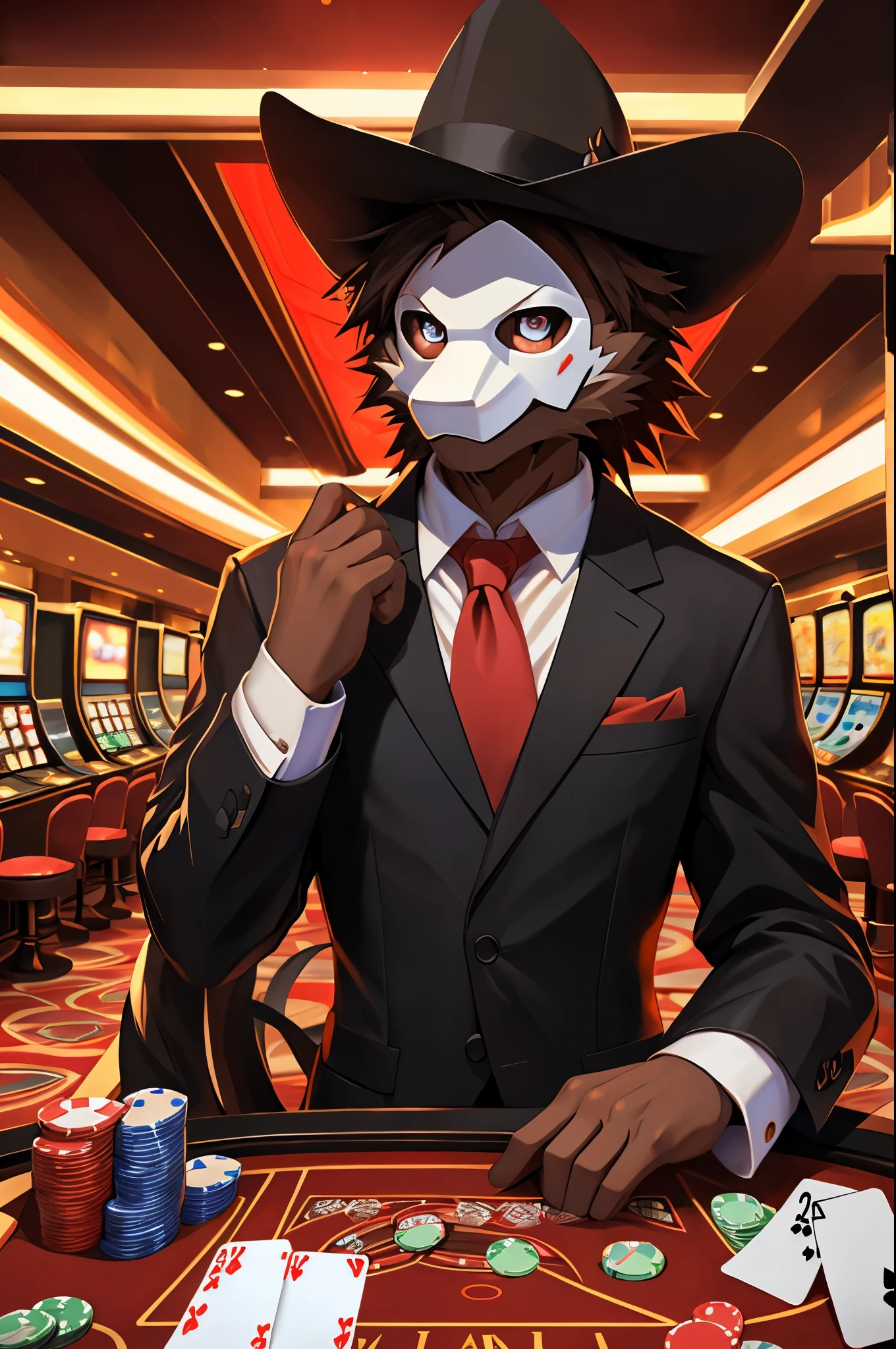 posted on e621 (by Chunie), furry, male, anthro, solo, (Realistic eye details:1.2), (beautiful detailed eyes), anime character there is a puro_(changed) male, casino, Black suit, Red tie, win the game, Playing Poker Texas hold'em, Five-card draw, Omaha hold'em), the place is busy with people around the casino, perfect anatomy, realistic anatomy, full body like, slim body, good looking, anime style, 8k, 4k anime wallpaper, anime art wallpaper 8 k, 2 d art, 2d art, anime art wallpaper 4k, detail art