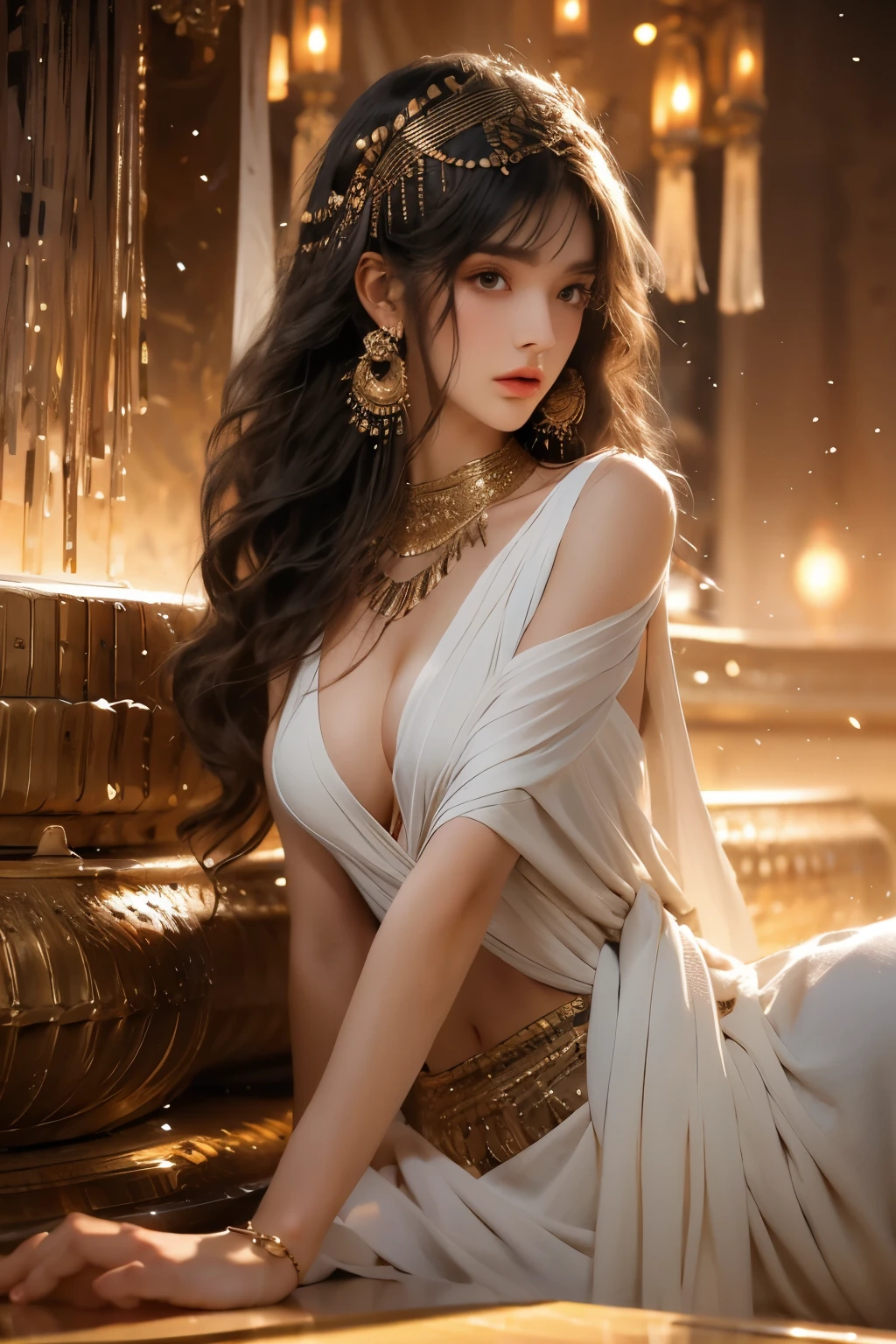 Beautiful woman with perfect body：1.4，layered hairstyle，prominent cleavage，Highly detailed facial and skin textures，double eyelids，whiten skin，long hair