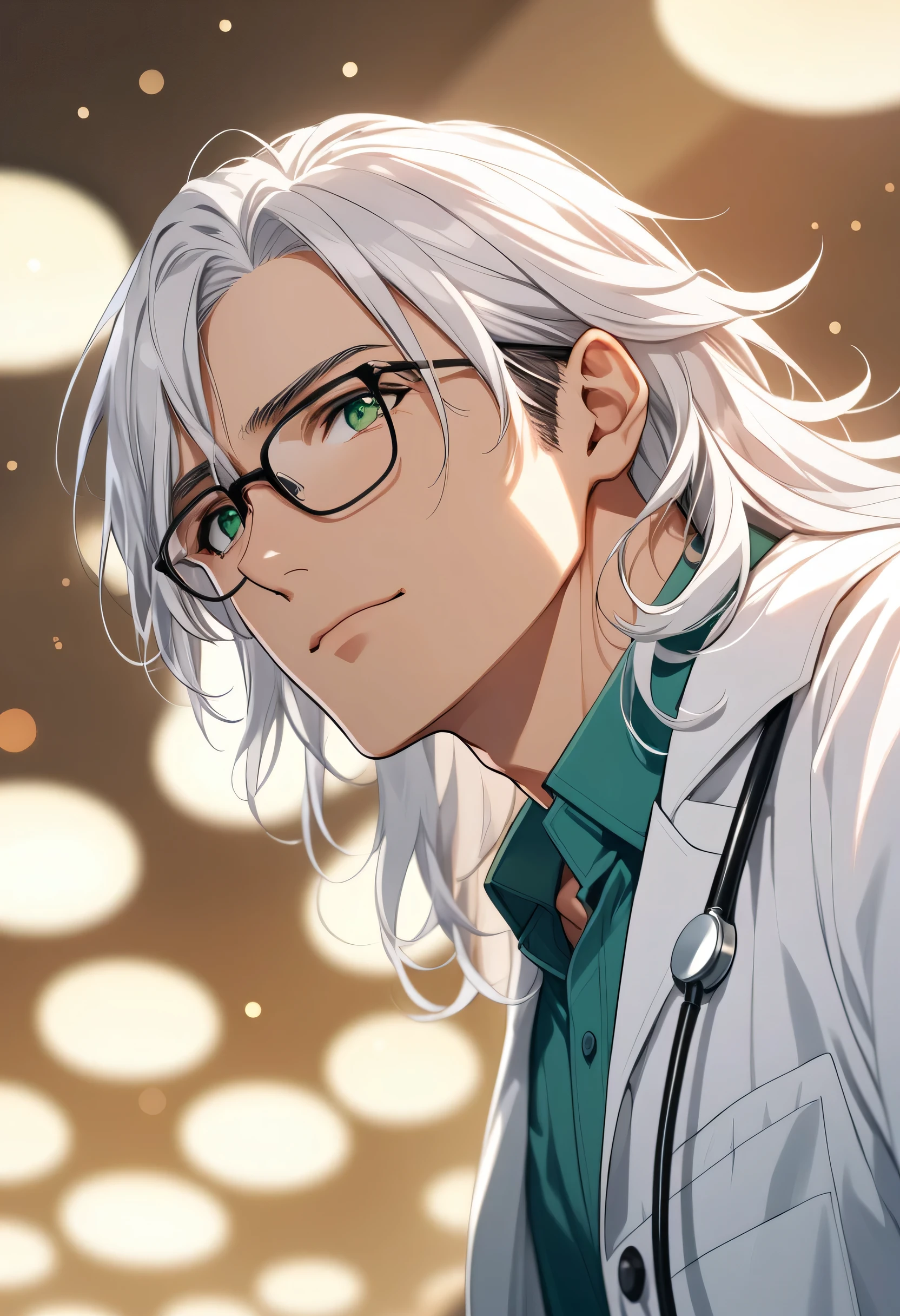 (masterpiece, best quality:1.2), (1boy), solo, 8k, white hair, ((long hair)), glasses, handsome male, very detailed, tall, doctor, anime style, at a hospital, white coat, blushing, beautiful green eyes, dynamic perspective, sharp focus, extremely detailed eyes and face, (depth of field, bokeh:1.3), bangs, from underneath, no focus