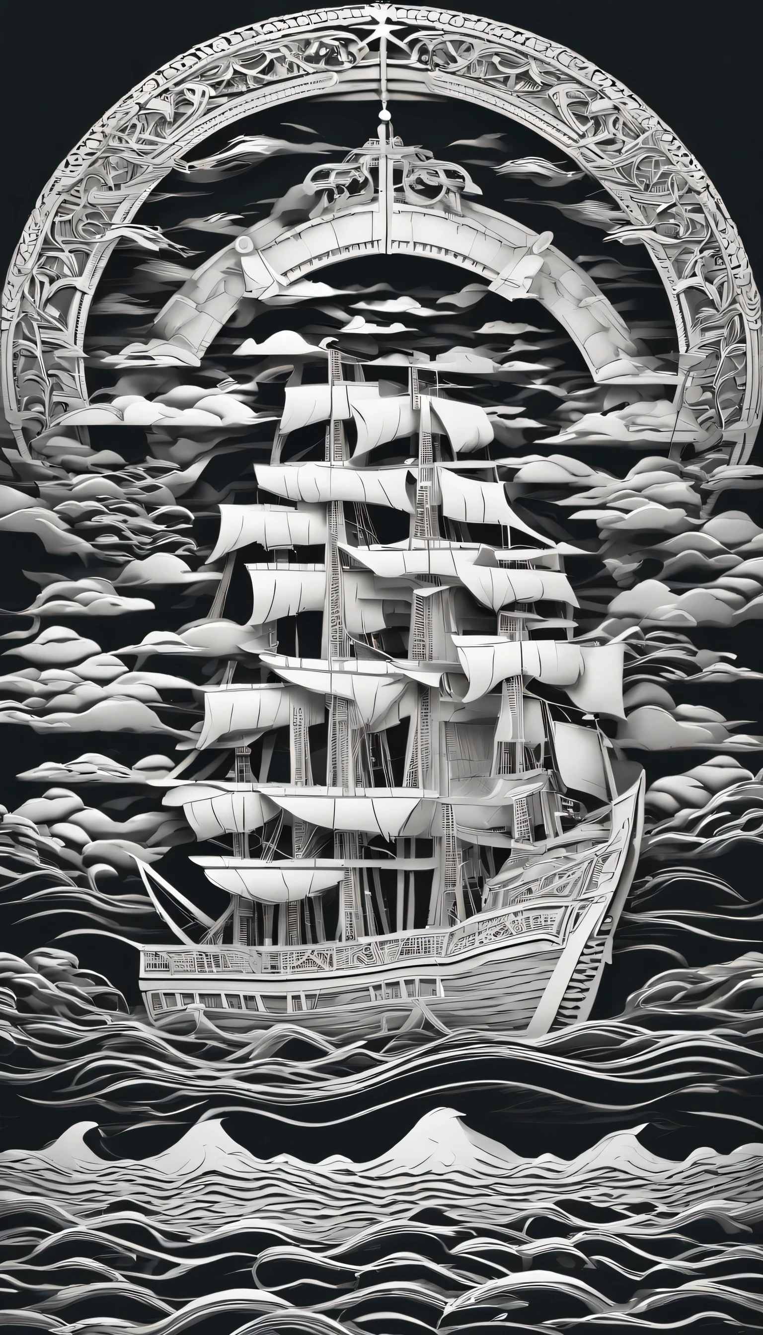 creates a realistic drawing of a scary gigate octopus with giant claws attacking a realistic vessel (boat) on the high seas in a gloomy ocean