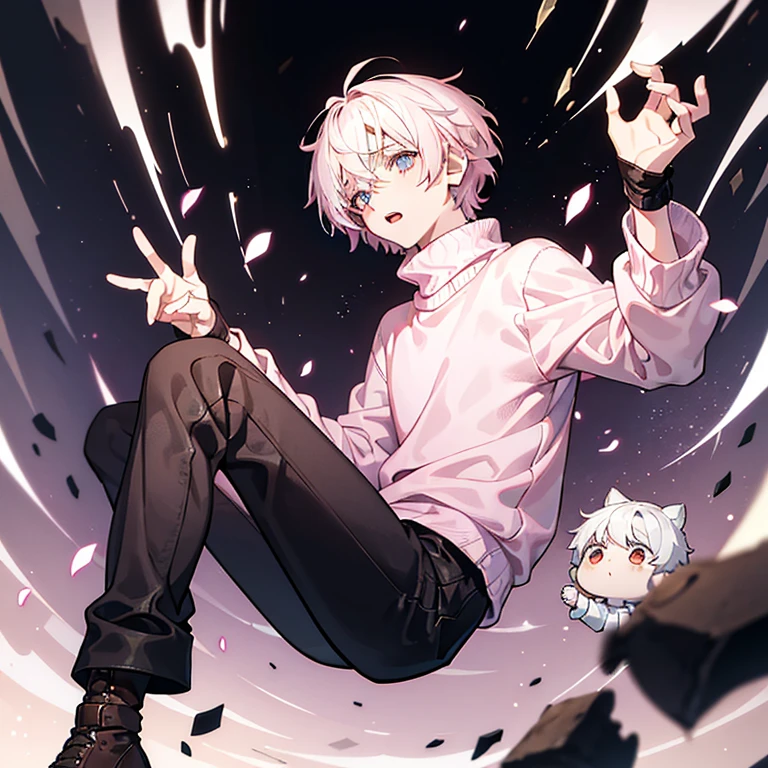 a boy, with very light Pink messy short hair, dead Pinky eyes, wearing a almost white pink sweater, Black gloves, Brown trousers, and leather boots, with a lifeless expression, he's in a posture of fear, with various Dark cursed hands floating around him