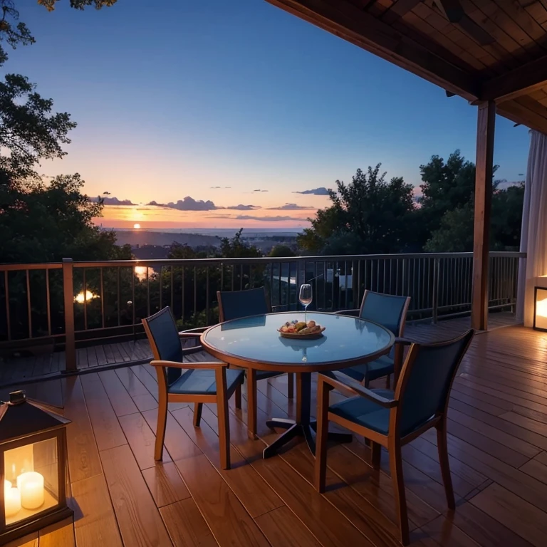 (((Empty blue wine glass))),sunset sky,outdoor,horizontal line,balcony,wood deck,table top,