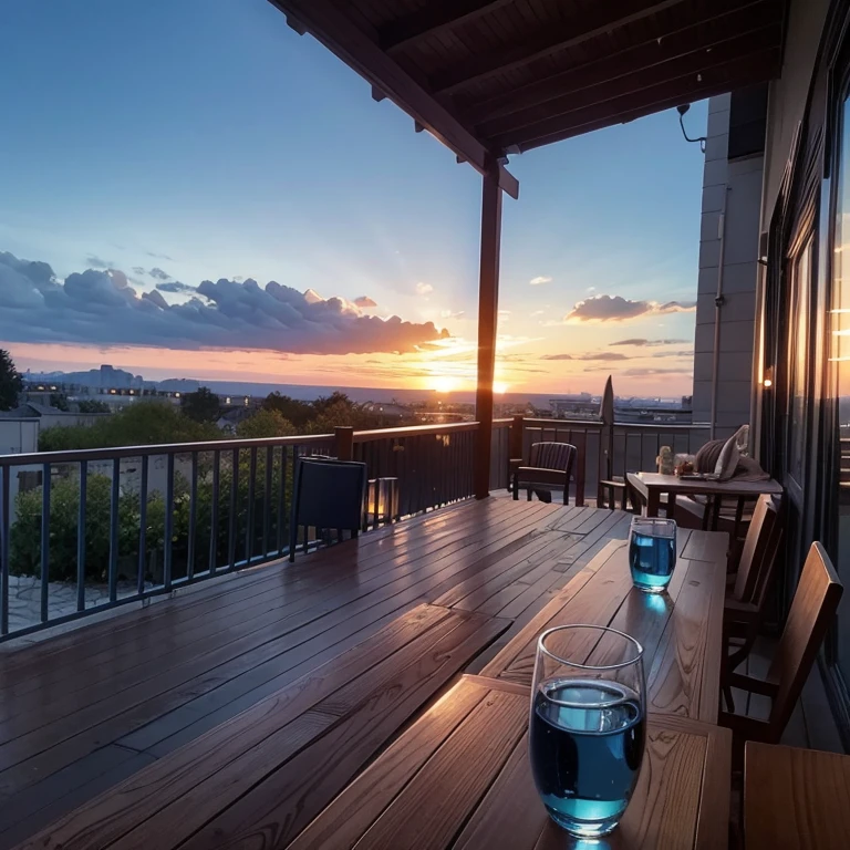 (((Empty blue wine glass))),sunset sky,outdoor,horizontal line,balcony,wood deck,table top,