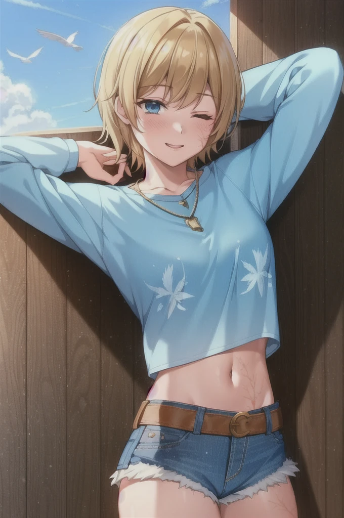 wattson (apex legends), masterpiece, best quality, 1girl, solo, one eye closed, shorts, belt, blue eyes, open mouth, blonde hair, bird, necklace, smile, denim, dove, navel, looking at viewer, blush, jewelry, denim shorts, arms up, bead necklace, midriff, beads, long sleeves, scar, scar on face, scar on cheek, burn scar, bangs,