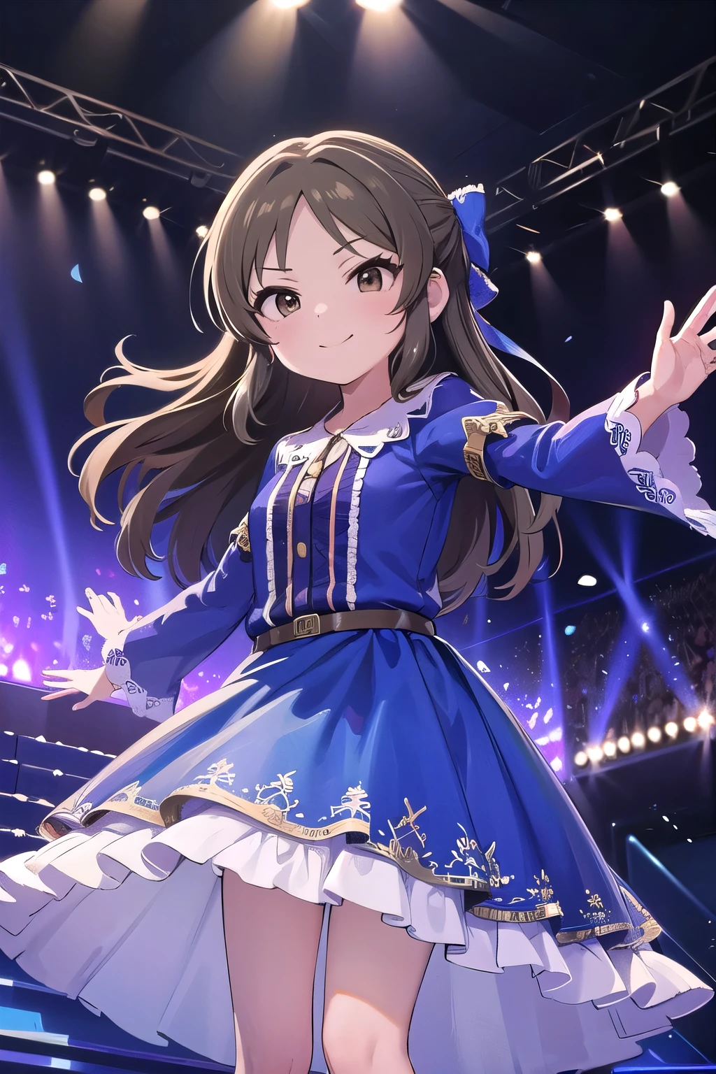 masterpiece,highest quality,1 girl,alone,Tachibana Arisu,brown eyes,brown hair,half up hair,ruffle dress,(long dress),Idol,Idolmaster,long sleeve,hair ribbon,wide sleeve,smile,closed one eye,open your arms,outstretched arm,on stage,stage light