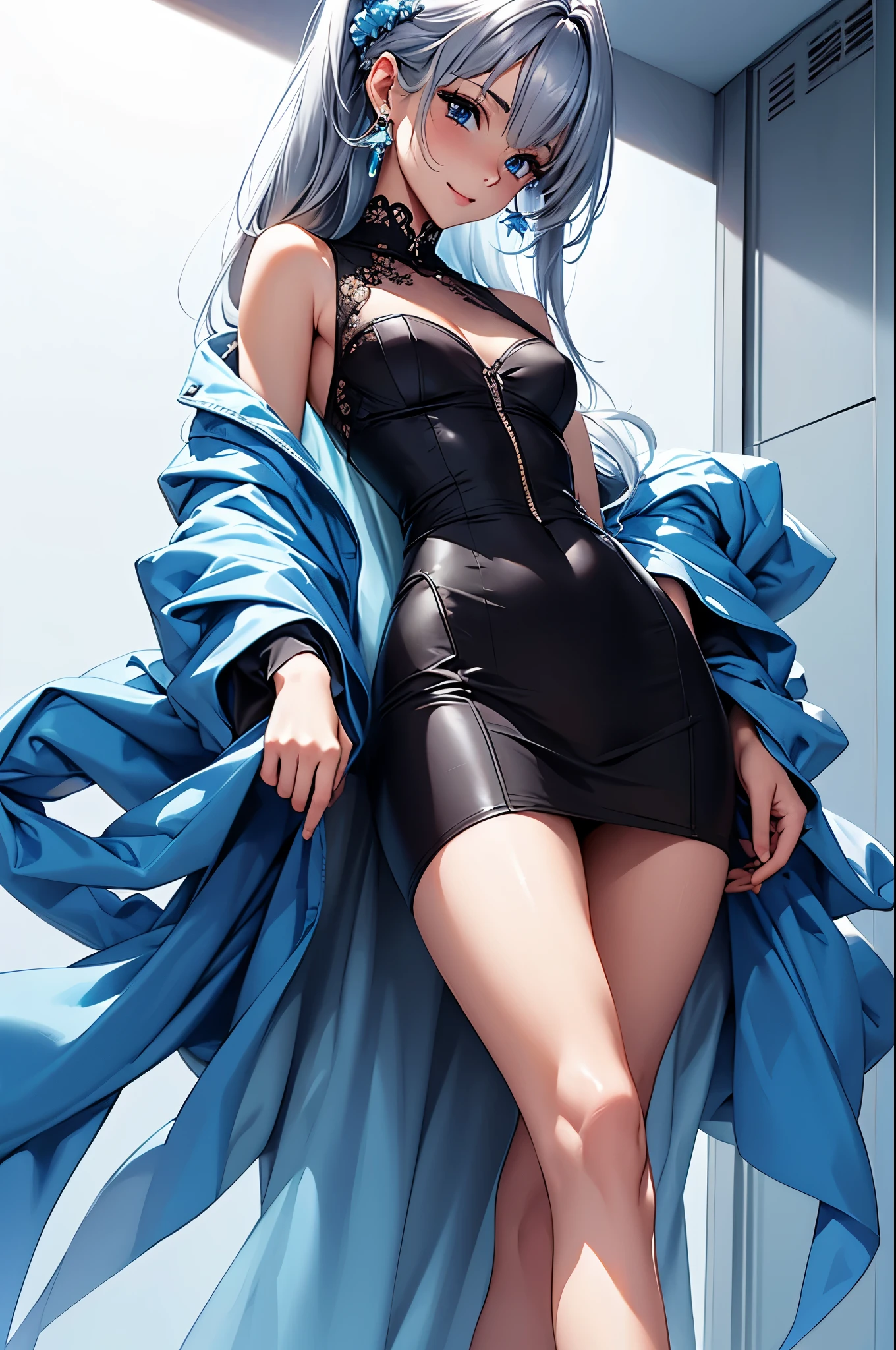 ((Biologically correct number of limbs))、4K、masterpiece、((focus on the face))、((Symmetrical facial features))、Eyes with detailed description、Beautiful woman、outstanding style、beautiful arms、beautiful legs、beautiful hands、(small ass、thin thighs）、Detailed depiction of faces、small earrings、(((Neat and clean))、skirt、high heels、stockings）、close up of face、smile、blue-silver hair、blue eyes