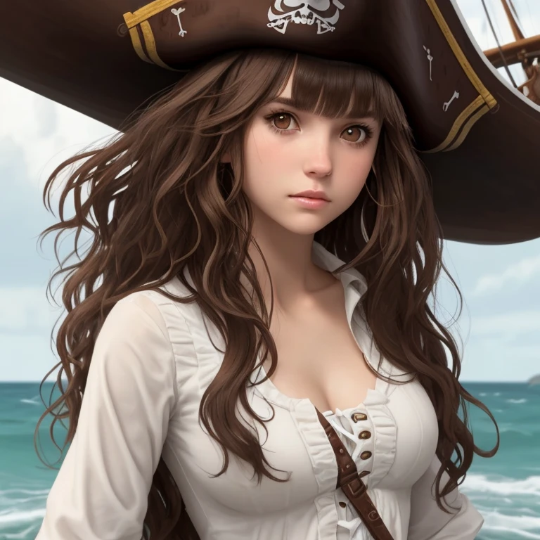 girl, pretty face, white skin, wavy hair, brown hair, brown eyes, have bangs, long wolfcut hair, pirate