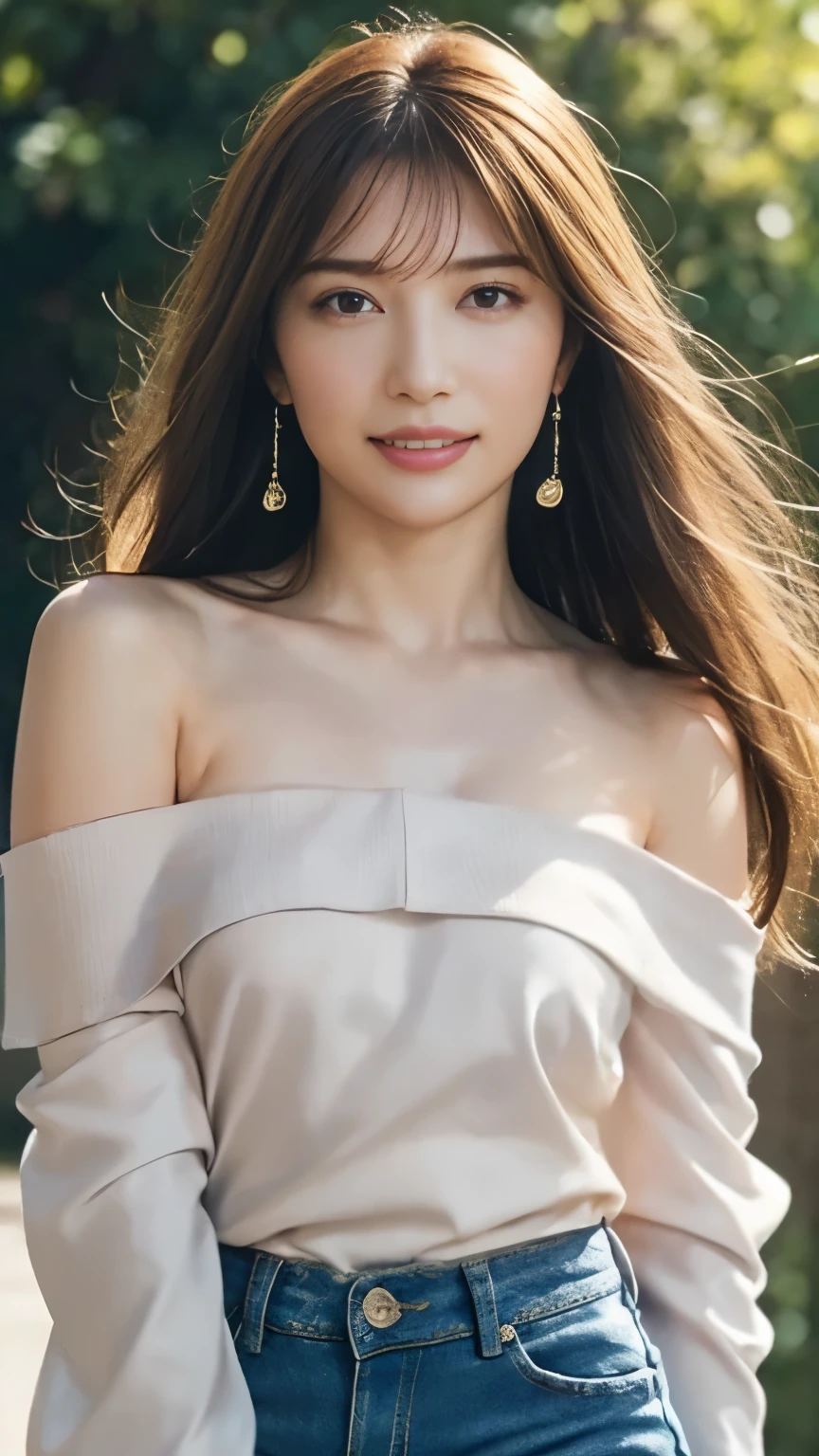 highest quality, unlimited details, highest quality, front shot, beautiful girl, feminine, perfectly proportioned face, blush, smile, delicate features, cute smile, delicate eyes, delicate eyelashes, Sweet beautiful eyes of a silkworm, stud earrings, necklace, delicate clavicle, flowing long hair, smooth hair, ((Shiny high neck off shoulder shirt, black shirt skinny jeans: 1.3)), Wrapped, perfect figure, fold, delicate skin, Non-exposed, dynamic action, outdoor, evening, field, depth of field, large depth of field, perfect details, extreme details, Realistic extremes, Cinematic CG rendering, cinematic light, master work, Tyndall effect, Hojoji temple portrait