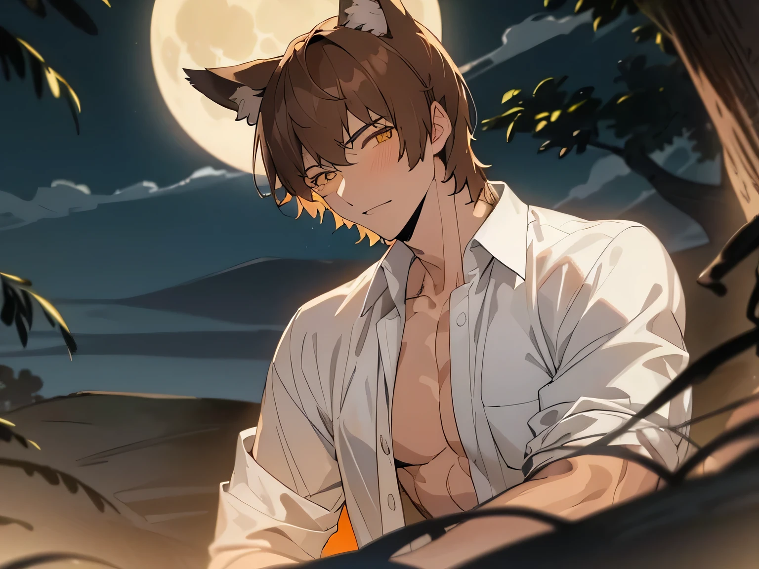 ((((alone)))),25 year old male, Large size,wolf ears,warm skin, Yellow pupil, sharp eyes,Dead Eyes Male Focus, looking at the viewer, White shirt ,naked,brown hair, short hair,((macho)), face focus,adult, shirt, highest quality, facial details.,background night,full moon,dynamic angle