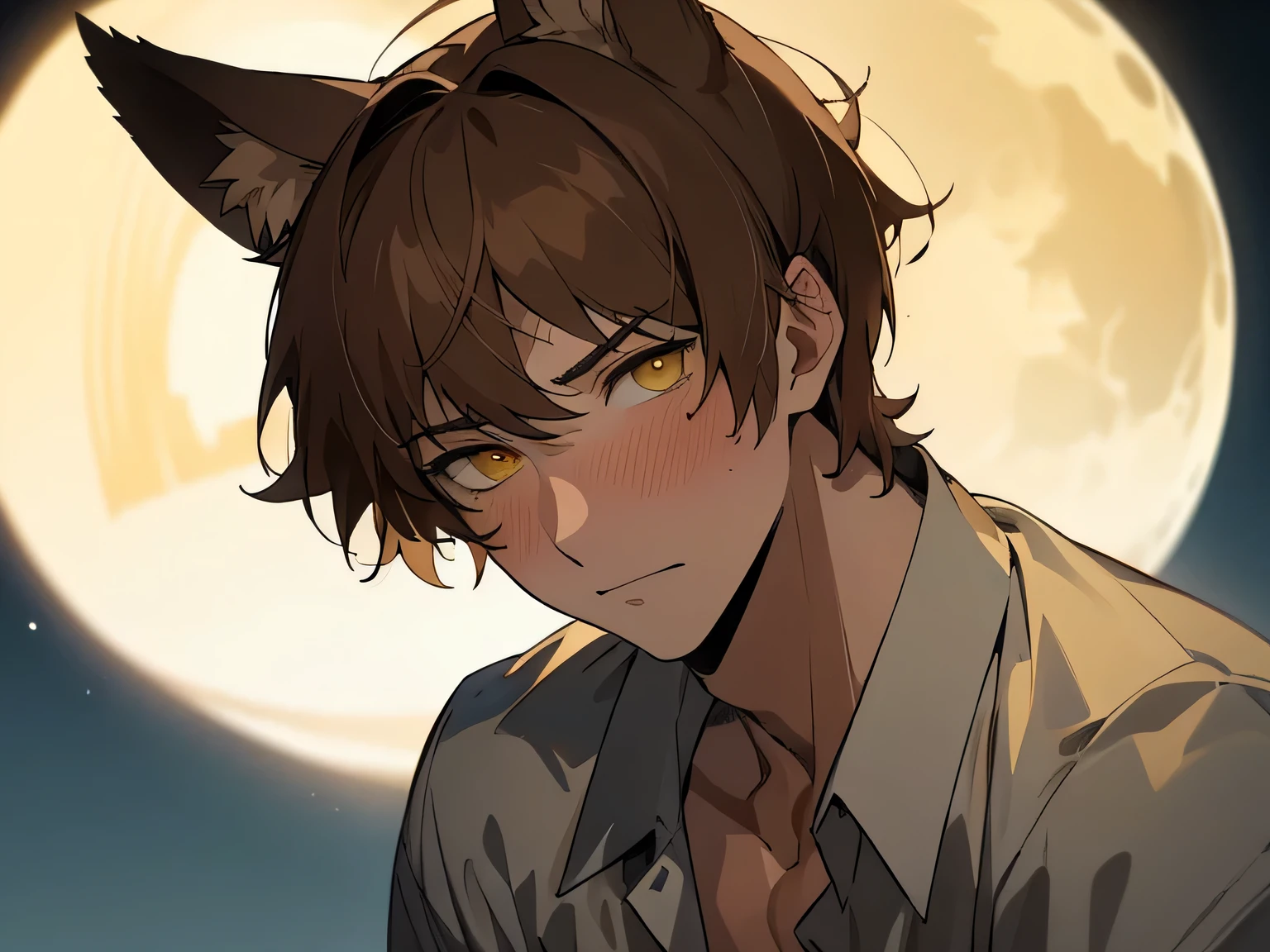 ((((alone)))),25 year old male, Large size,wolf ears,warm skin, Yellow pupil, sharp eyes,Dead Eyes Male Focus, looking at the viewer, White shirt ,naked,brown hair, short hair,((macho)), face focus,adult, shirt, highest quality, facial details.,background night,full moon,dynamic angle