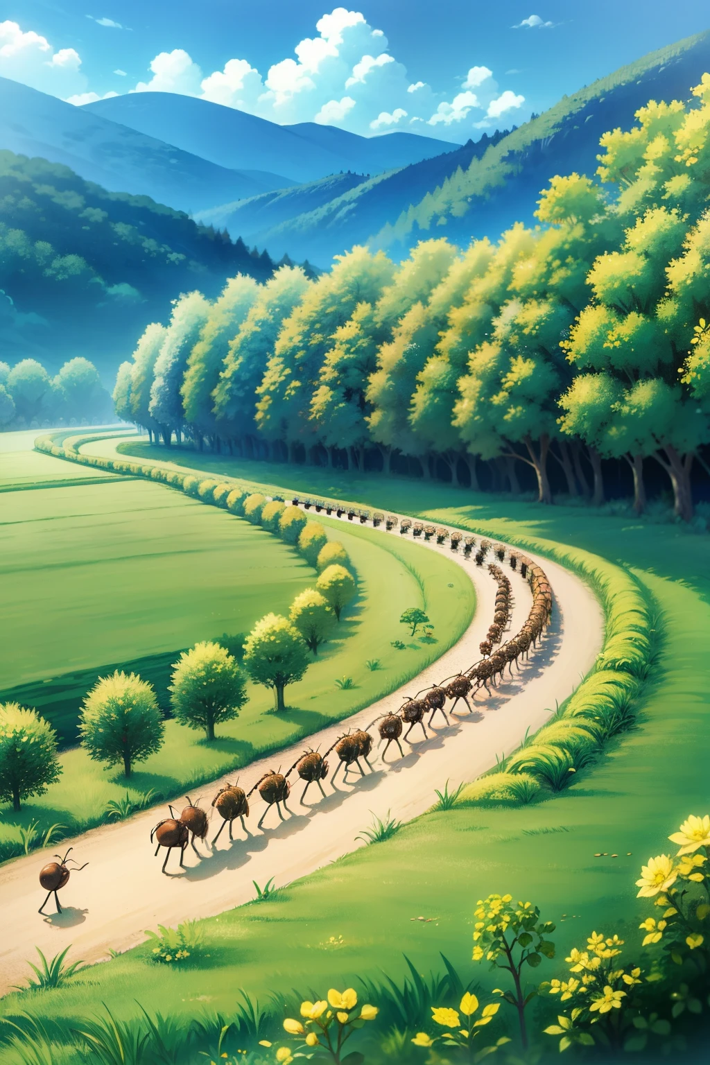 Ants, marching, straight line, organized, diligent, synchronized, colony, small insects, teamwork, nature, busy, industrious, trail, determined, disciplined, repetitive, movement.