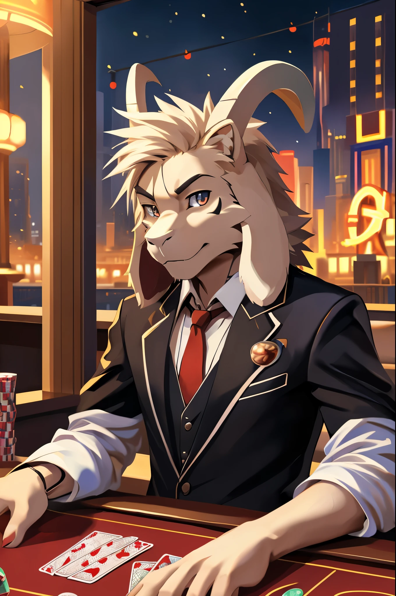 posted on e621 (by Chunie), furry, male, anthro, solo, (Realistic eye details:1.2), (beautiful detailed eyes), anime character there is a asriel male, casino, Black suit, Red tie, win the game, Playing Poker Texas hold'em, Five-card draw, Omaha hold'em), the place is busy with people around the casino, perfect anatomy, realistic anatomy, full body like, slim body, good looking, anime style, 8k, 4k anime wallpaper, anime art wallpaper 8 k, 2 d art, 2d art, anime art wallpaper 4k, detail art