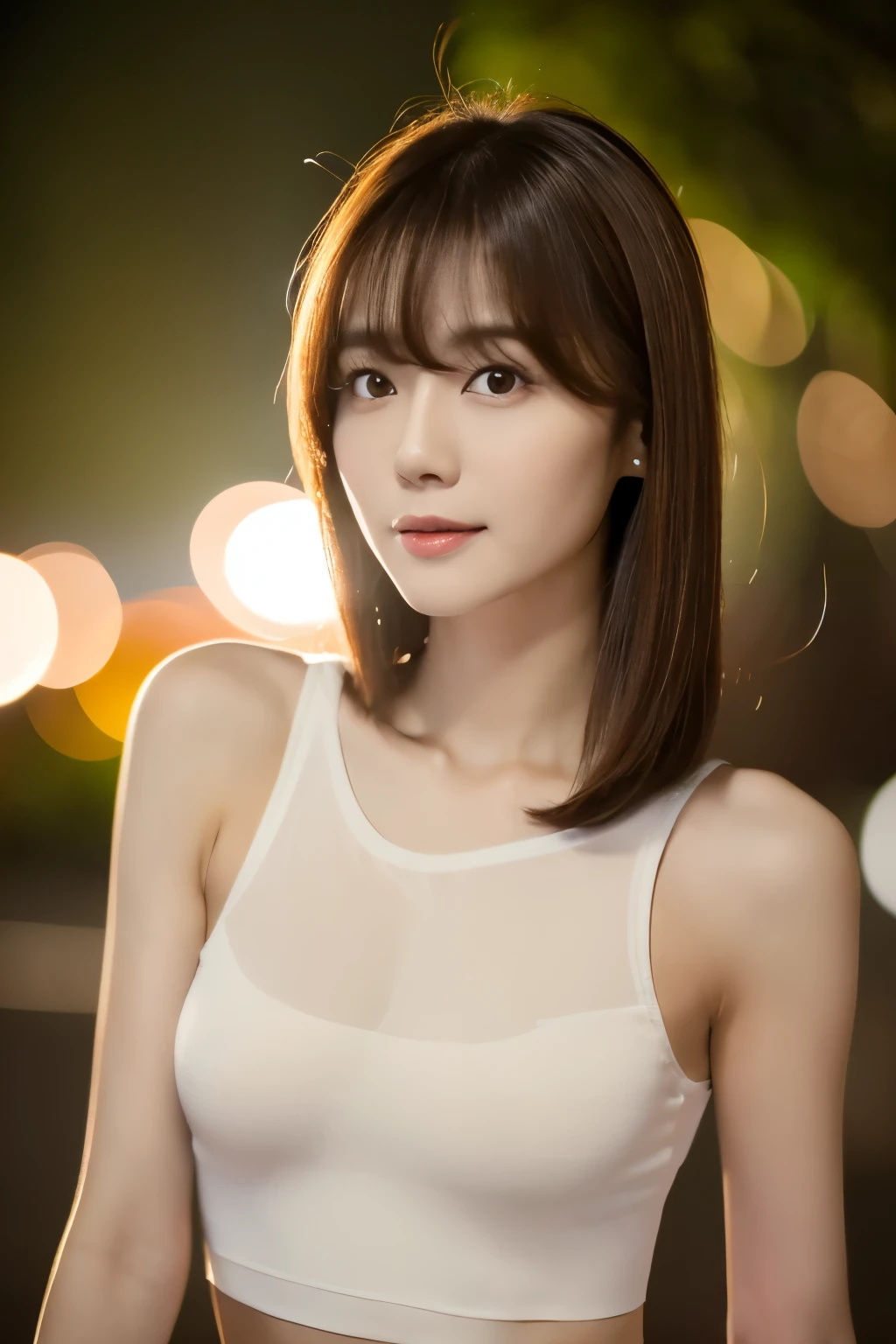 Skinny Japanese woman, 30 years old, ((Realistic lighting, Best quality, 8K, Masterpiece: 1.3)), Clear focus: 1.2, 1girl, Perfect beauty: 1.4, Slim abs: 1.1, ((Dark brown hair)), (White crop top: 1.4), (Outdoor, Night: 1.1), Park view, Super fine face, Fine eyes, Double eyelids,