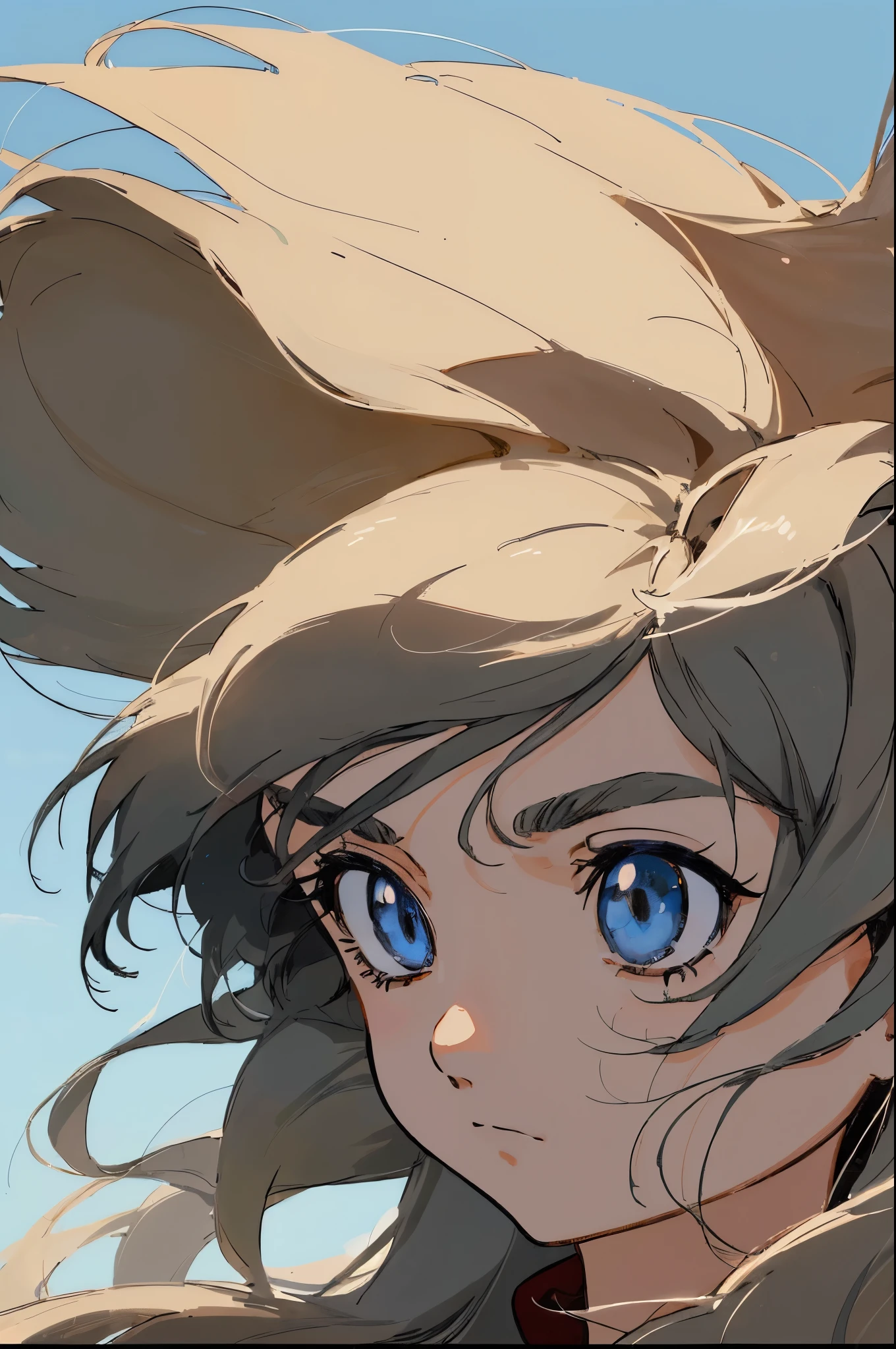 Close-up of protagonist's face, their eyes reflecting determination and inner turmoil. The wind blows their hair as they gaze ahead, communicating silent resolve. Ghibli style anime, hand drawn.