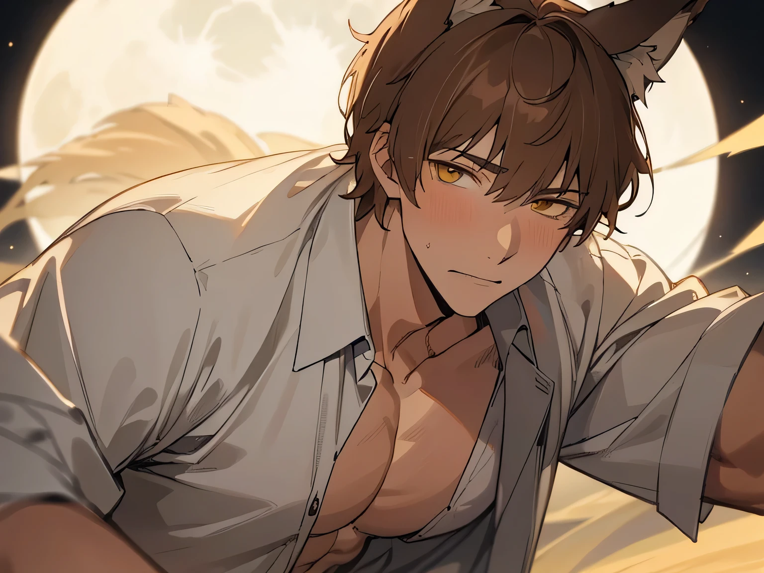((((alone)))),25 year old male, Large size,wolf ears,warm skin, Yellow pupil, sharp eyes,Dead Eyes Male Focus, looking at the viewer, White shirt ,naked,brown hair, short hair,((macho)), face focus,adult, shirt, highest quality, facial details.,background night,full moon,dynamic angle