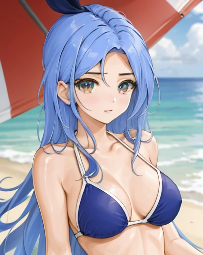 chaesu-minah, 1girl, solo, blue bikini, blue eyes, blue hair, at the beach, topless bikini 8k, high resolution, shallow depth of field, high detai, at the beach, masterpiece, best quality, highly detailed