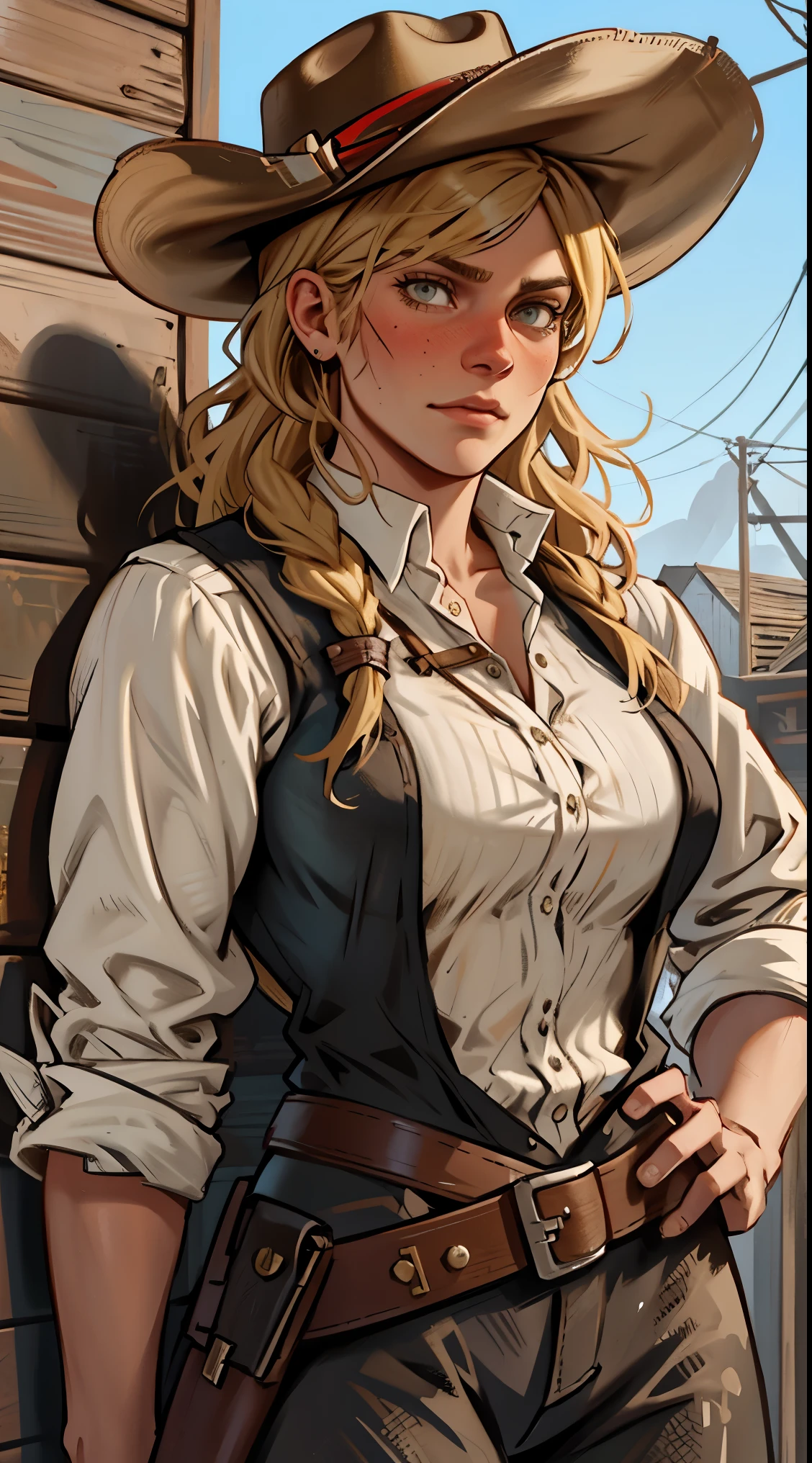 1 girl, upper body shot, Sadie Adler from RDR 2, long blonde hair, detailed face, breast, best quality, high resolution:1.2, wild west town in the background,  cowboy hat, holstered revolver, perfect eyes