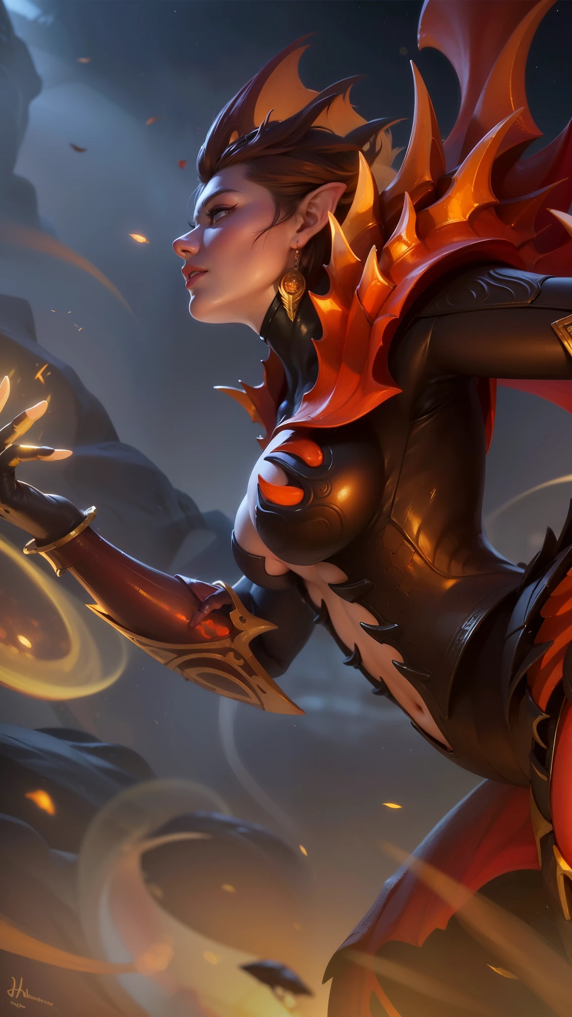 there is a woman with a sword in her hand, flames around body, artgerm detailed, flame conjuring armored, lava and fire goddess, concept art | artgerm, extremely detailed artgerm, by Yang J, fire mage, goddess of fire, appears as the fire goddess, fire goddess, style artgerm, character splash art, 8k, ultra hd, ultra detailed texture, hyper realistic, masterpiece, detailed texture, detailed face, detailed skin, detailed lighting, (photorealistic:1.5), best quality, beautiful lighting, cinematic lighting, professional lighting, ultra highres, realistic, detailed hair, real hair, high quality, (realskin:1.5), extremely detailed, finely detail, ultra-detailed, glare, red eyes, evil smile, elf ear