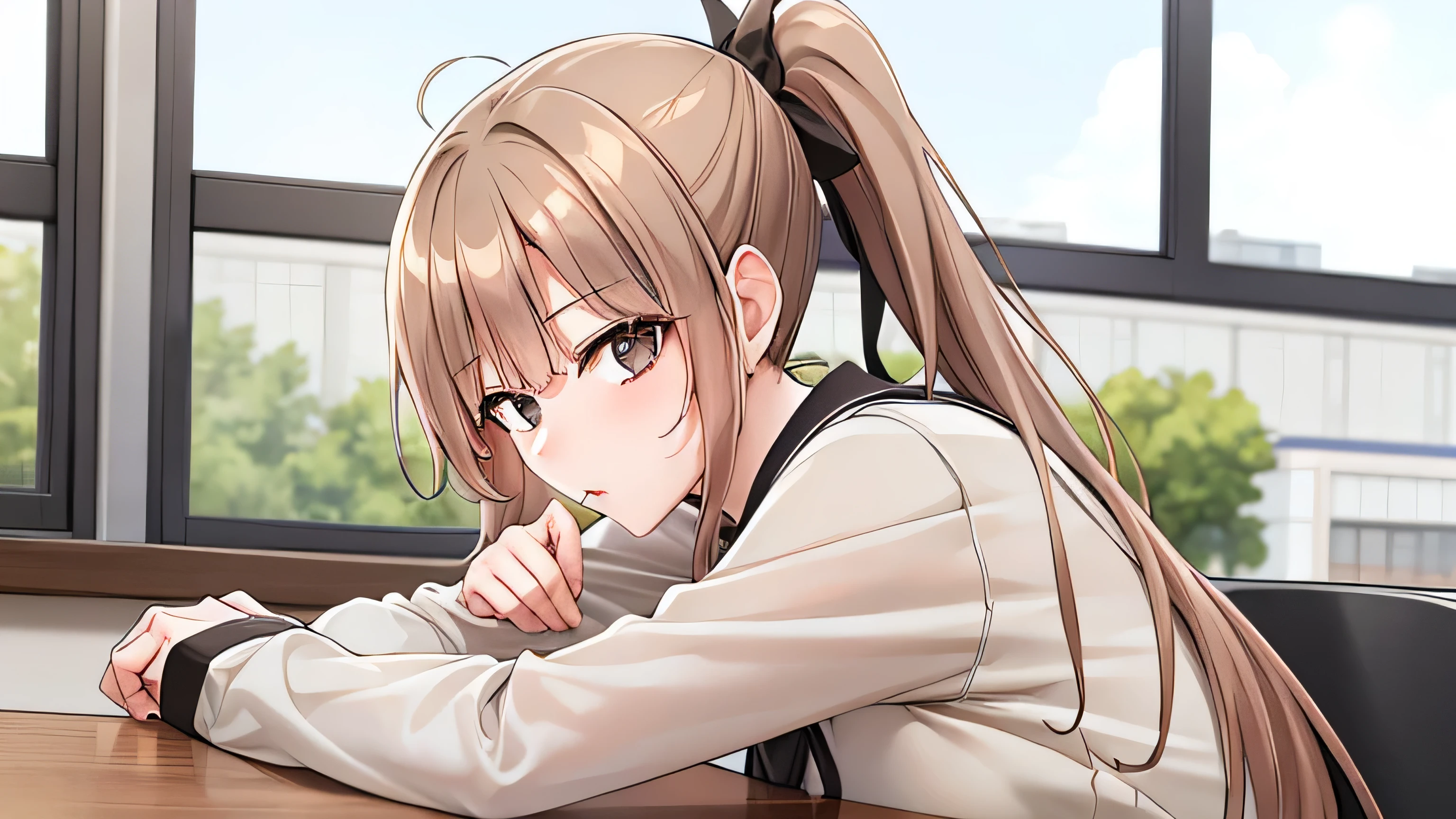 masterpiece, best quality, 1 girl, ponytail hair, Korean uniform, Sitting near the window, in class, 