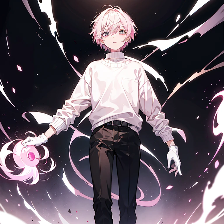 a boy, with very light Pink messy short hair, dead Pinky eyes, wearing a almost white pink sweater, Black gloves, Brown trousers, and leather boots, with a lifeless expression, he's in a posture of fear, with various Dark cursed hands floating around him