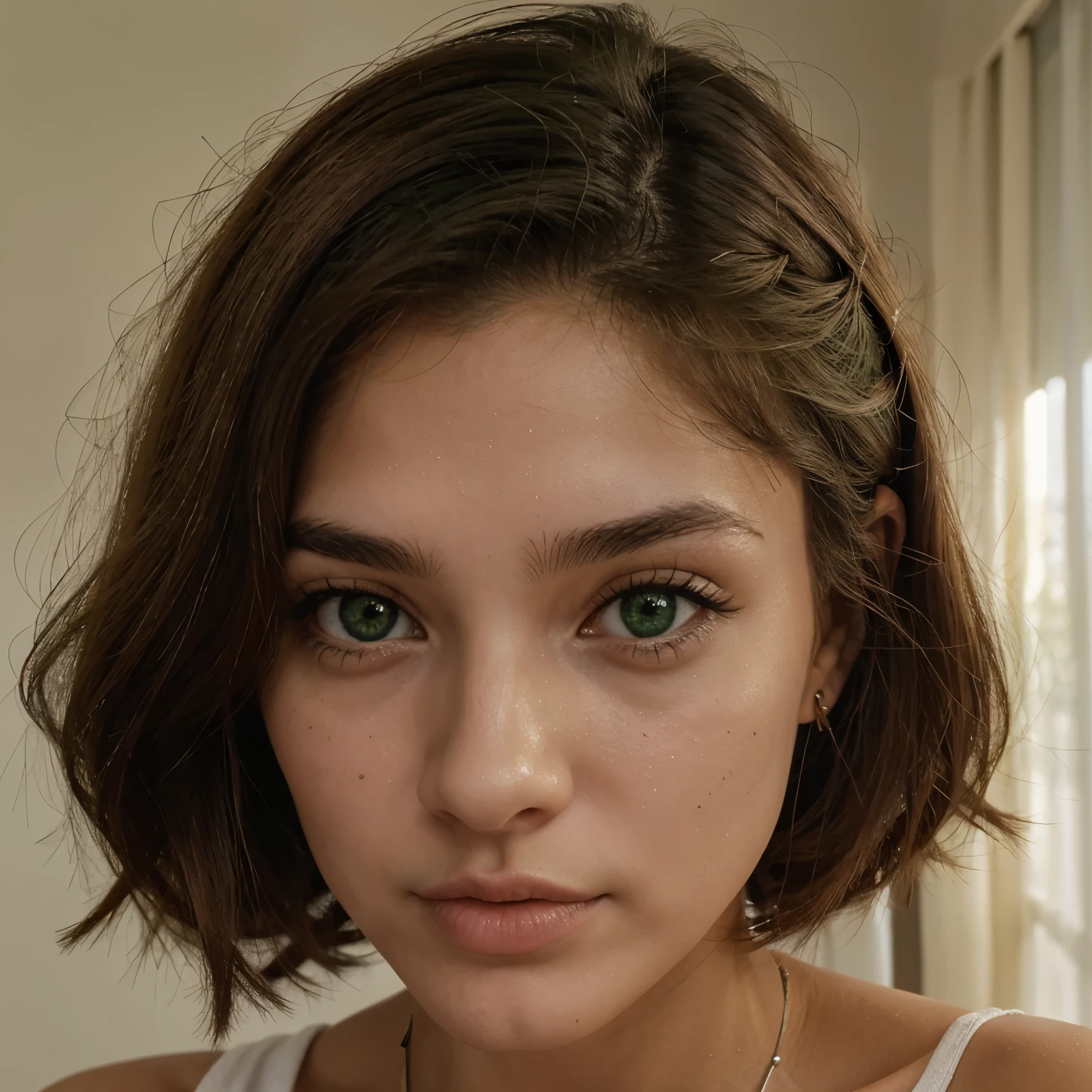 Uma de de 1,57 de altura que tem cabelos loiro escuro,ondulado e tem olhos verdes ela tem pele branca e os labios naturalmente avermelhados
