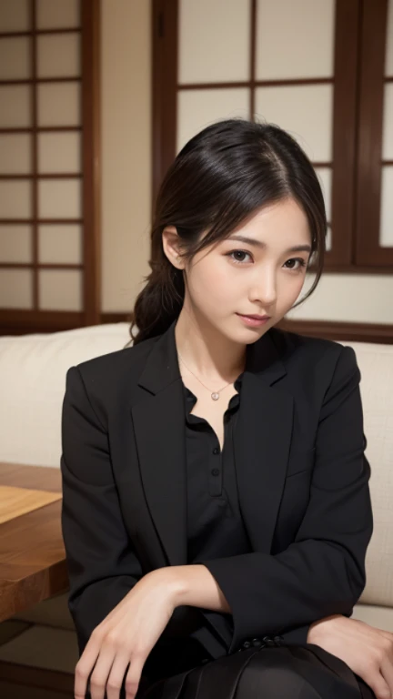 ((1 woman,Japan's most beautiful face,40 years,old face,mature woman,There are wrinkles at the corners of the eyes,perfect gas chamber,Taken close up,look at the camera,watch here)),((((black shirt,black suit jacket,black skirt)))),((pearl necklace,elegant hairstyle,natural makeup,my chest is very swollen,Please laugh here,lowered eyebrows,droopy eyebrows,Stare at me with a cute expression,Japanese style roomに座って,Japanese style room,Shoji,,Seowon Building,sit on a cushion in a japanese room,look at the camera,look at the cameraください,take a photo from your lap)),((Please turn this way,watch here,perfect fingers,perfect arms,detailed background,highest quality,Ultra - High resolution,perfect anatomy,High-definition RAW color photo,professional photos, very delicate and beautiful, very detailed,finely, huge file size,best image quality,8K,Award-winning work,table top))