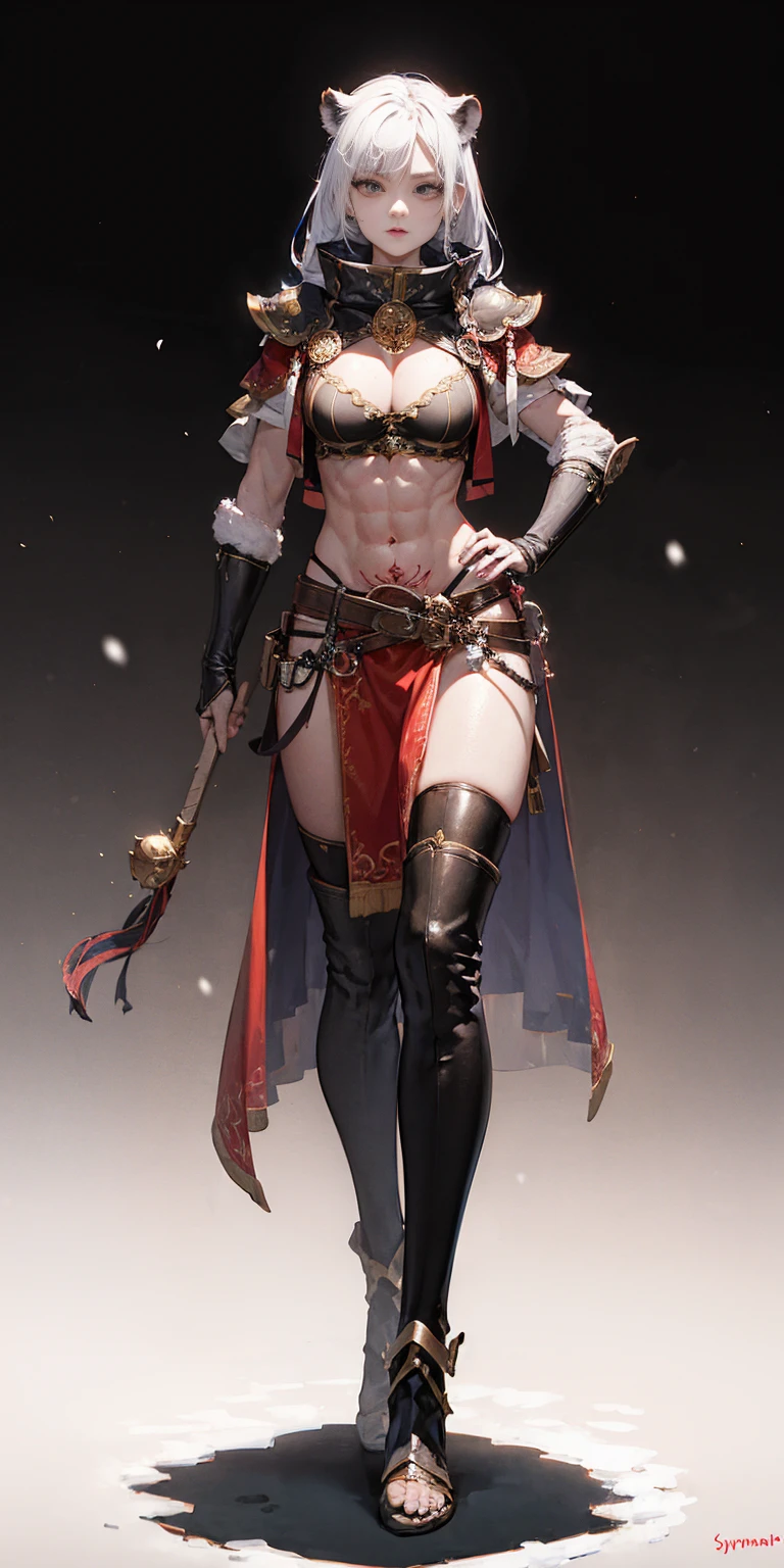 (White background:1.2) body looking to viewer symmetrical body left to right side, big knockers, yellow bright eyes, and a white bob haircut. She is standing solo, full body, with hands on hips, feet together, viewed from below. Features a leather choker, big belt, bracers and a tiara.