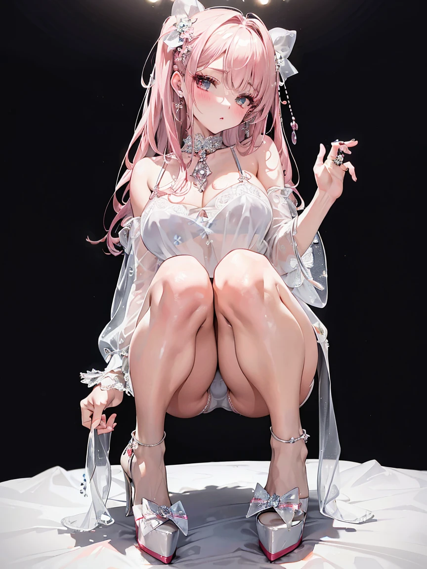 (Crystal clear panties:1.3),(master piece),(best quality),put on makeup, blush, 耳Nipple Ring, inner strength, high heels, 1 girl, Floral, bow knot, Transparent areola, wide open legs, raised my feet,