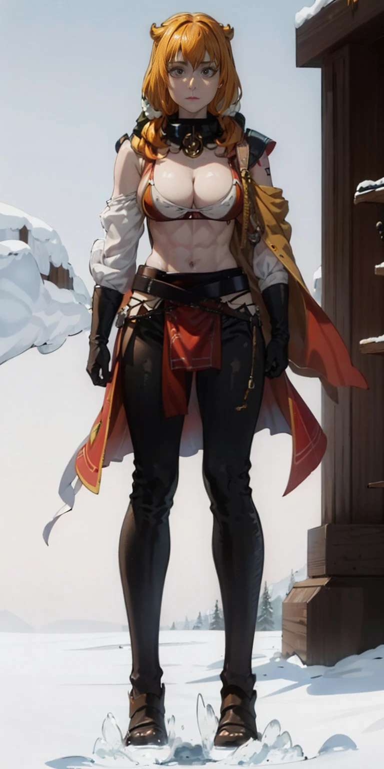 full body standing straight symmetrical, FEMALE warrior princess, big belt around waist, hair, very white skin like snow, strong abs, red tattoo belly, red loincloth, tiger bikini, blue cape, sleeveless, black long socks