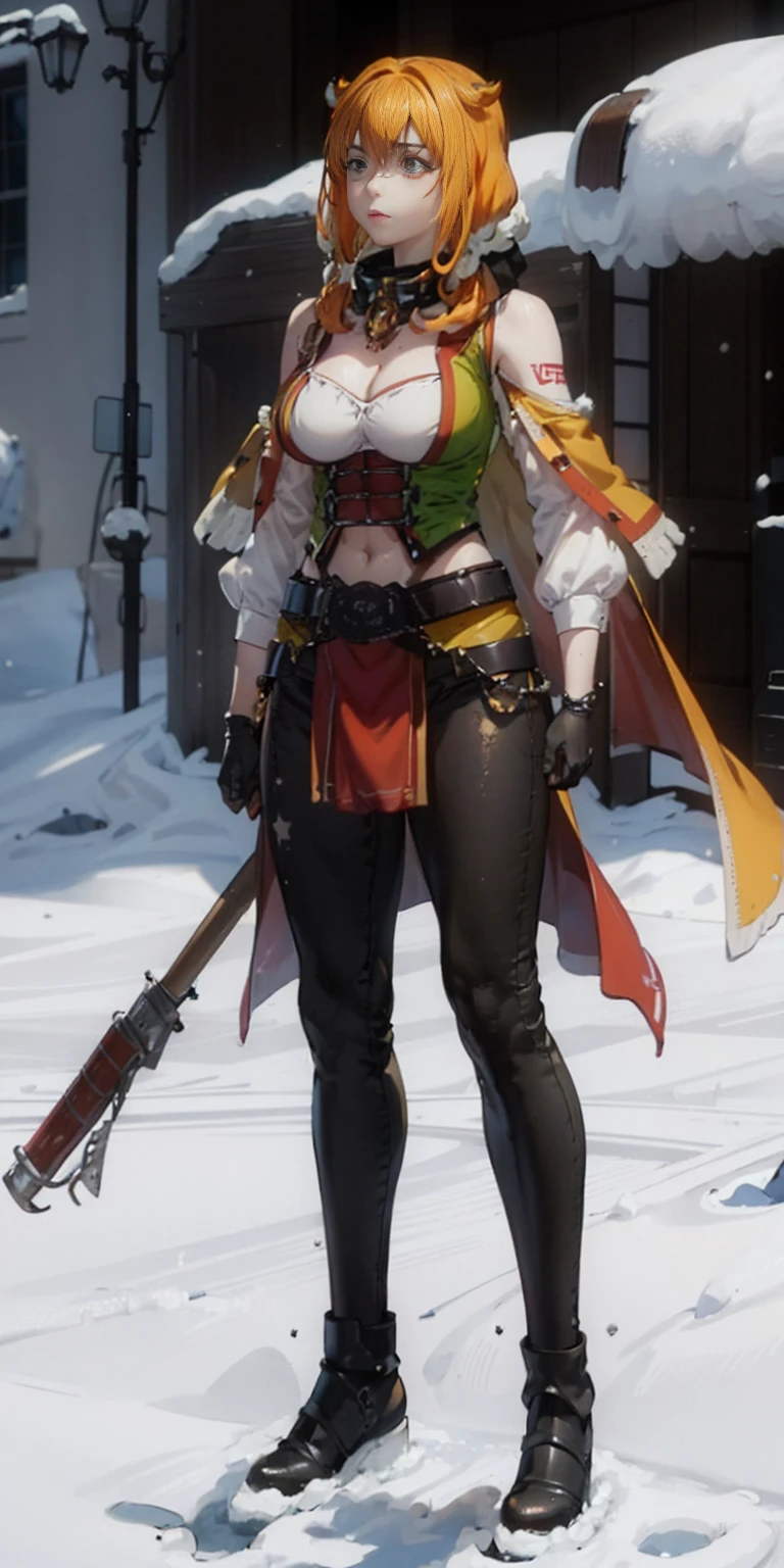 full body standing straight symmetrical, FEMALE warrior princess, big belt around waist, hair, very white skin like snow, strong abs, red tattoo belly, red loincloth, tiger bikini, blue cape, sleeveless, black long socks
