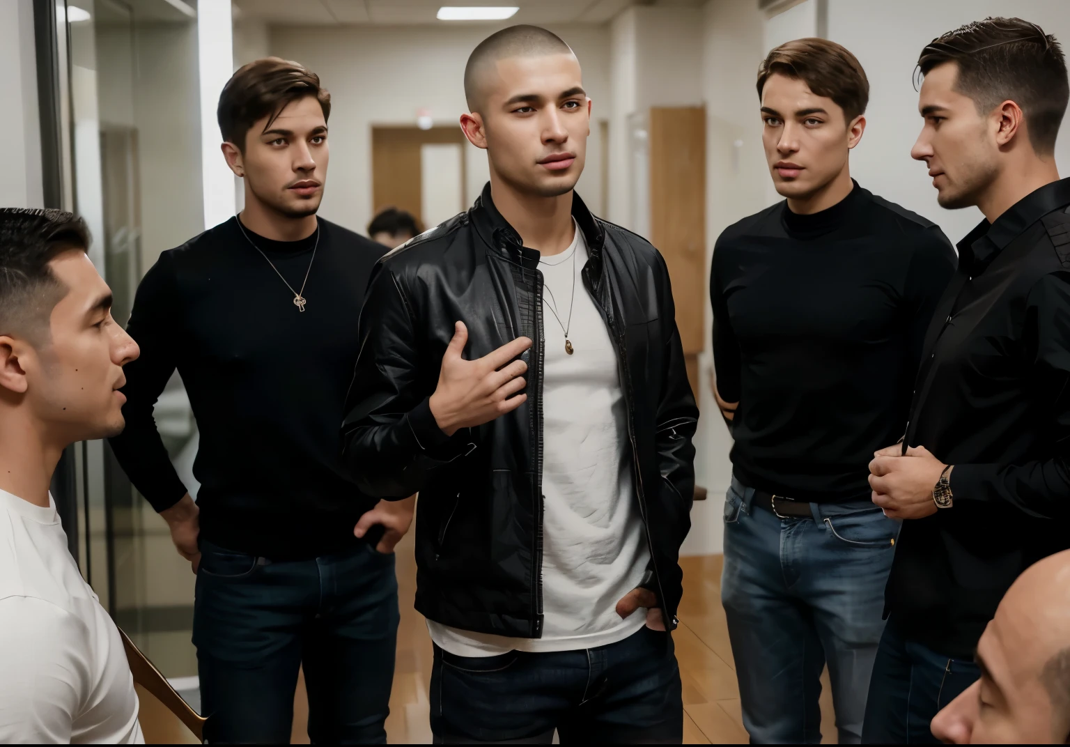Generate an image of a 25-year-old man with a military-style buzz cut, exuding confidence and enthusiasm as he stands in the center of a group of four people. He's dressed in a black jacket over a white shirt and jeans, his attire adding to his charismatic presence. With captivating body language and expressive gestures, he speaks passionately, drawing everyone's attention to his story. The people surrounding him are engaged and amused, hanging on to his every word, captivated by his magnetism. Their expressions reflect their fascination and admiration for him as they listen intently to his tale. This composition captures the dynamic scene of a charismatic storyteller holding his audience spellbound with his confident demeanor and compelling narrative.