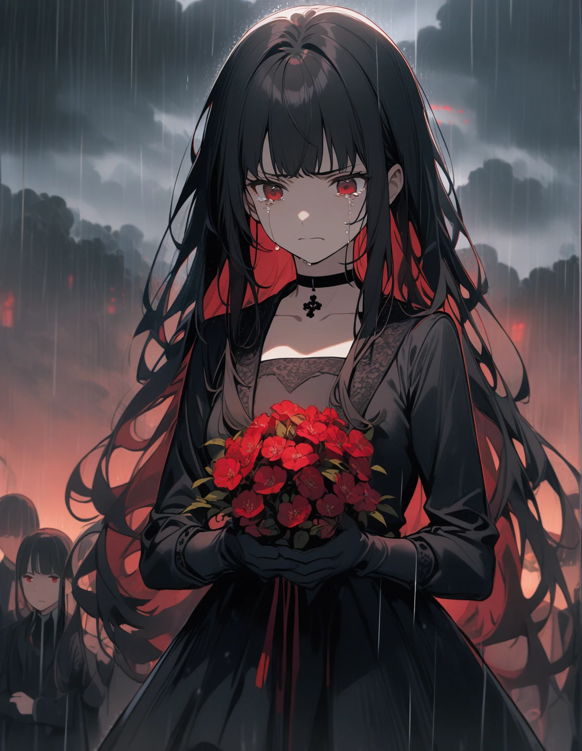 1 girl, black hair, red eyes, long hair with bangs with a red gradient on her hair, dressed in a black short dress with a neckline, medium chest, choker, very long gloves, holding red flowers in her hands, crying, angry, angry and crying, funeral, outside, rain, cloudy, gentle tones