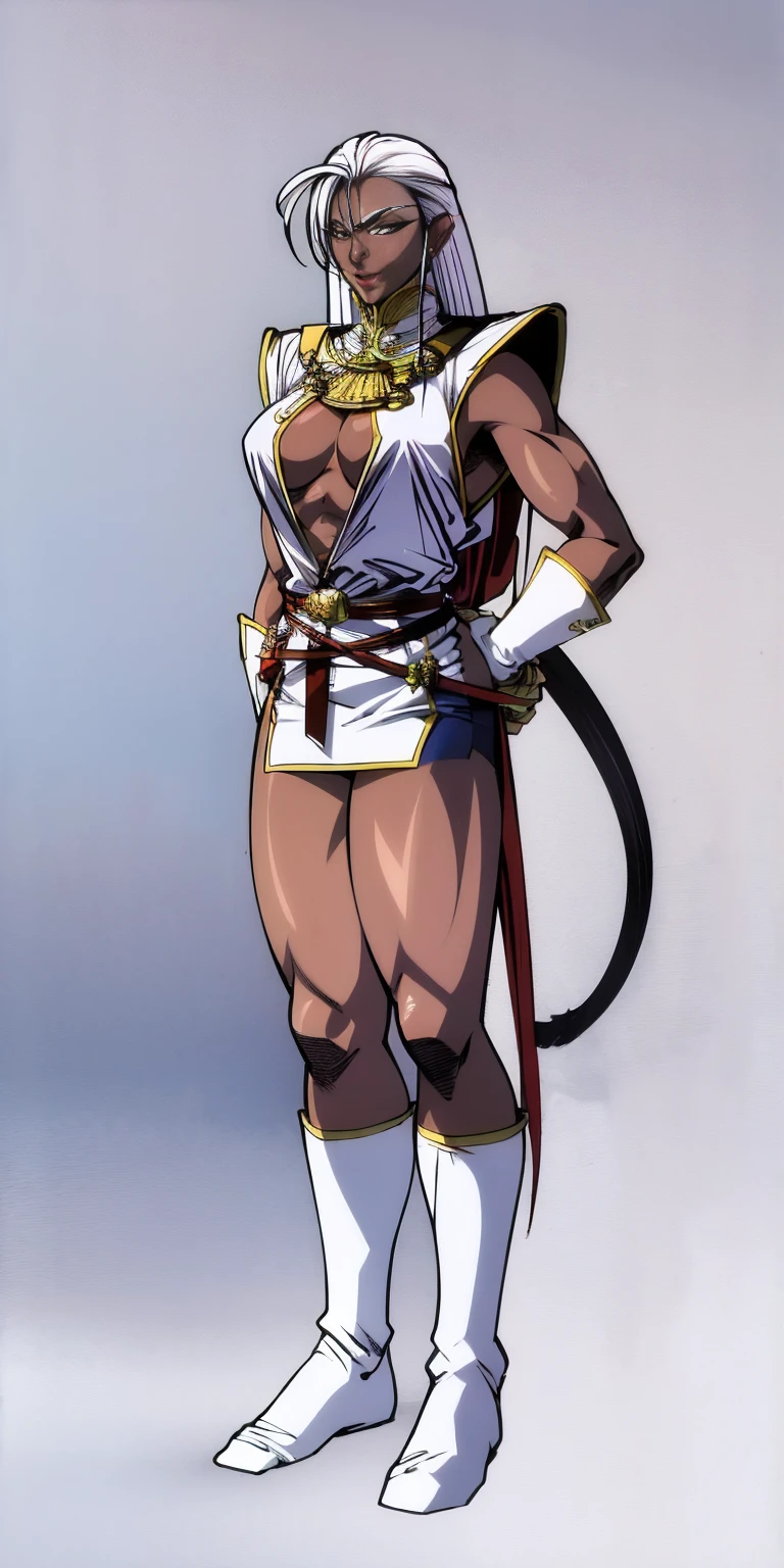 full body standing straight symmetrical, FEMALE warrior princess, big belt around waist, hair, very white skin like snow, strong abs, red tattoo belly, red loincloth, tiger bikini, blue cape, sleeveless, black long socks