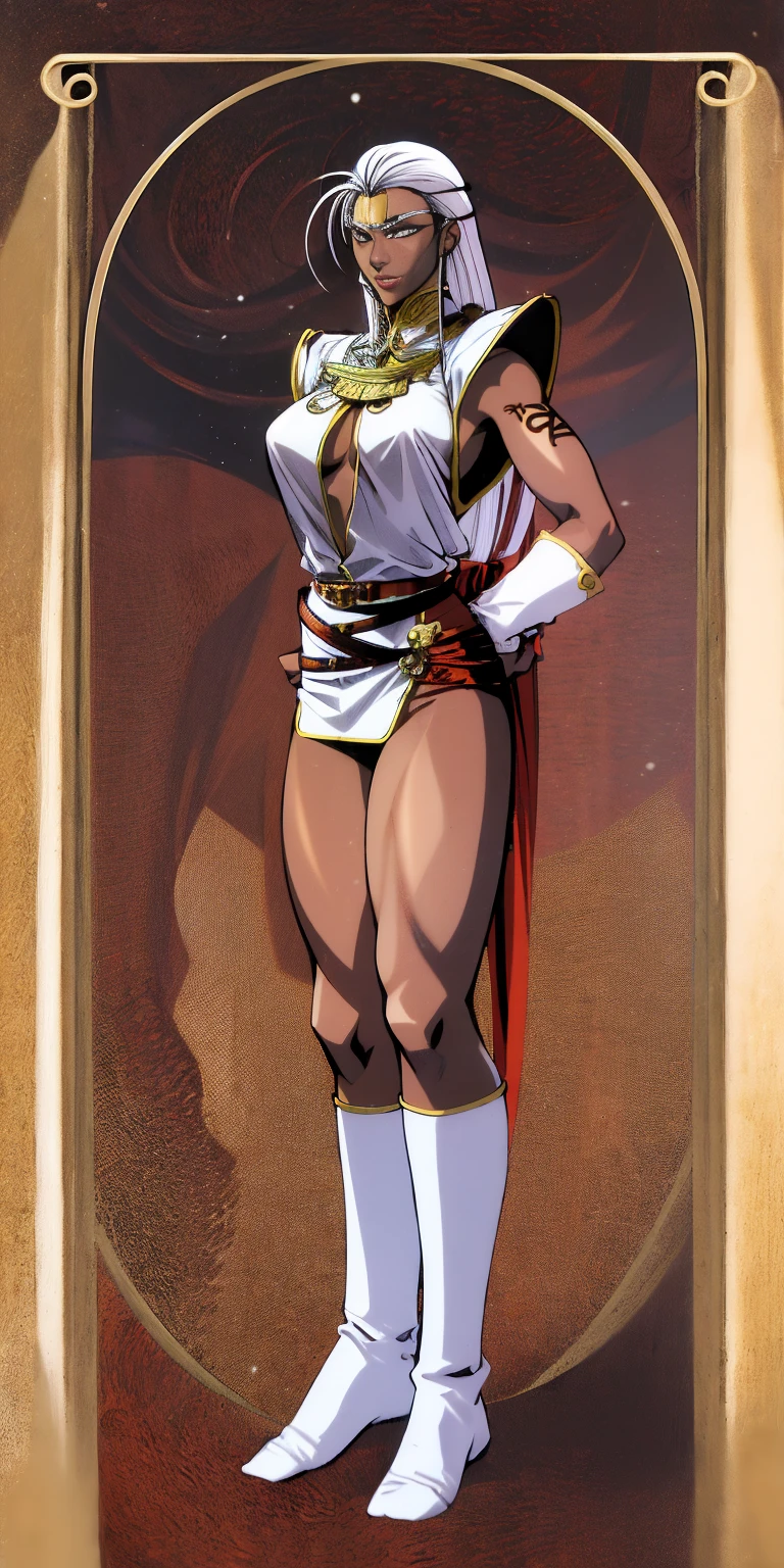 full body standing straight symmetrical, FEMALE warrior princess, big belt around waist, hair, very white skin like snow, strong abs, red tattoo belly, red loincloth, tiger bikini, blue cape, sleeveless, black long socks