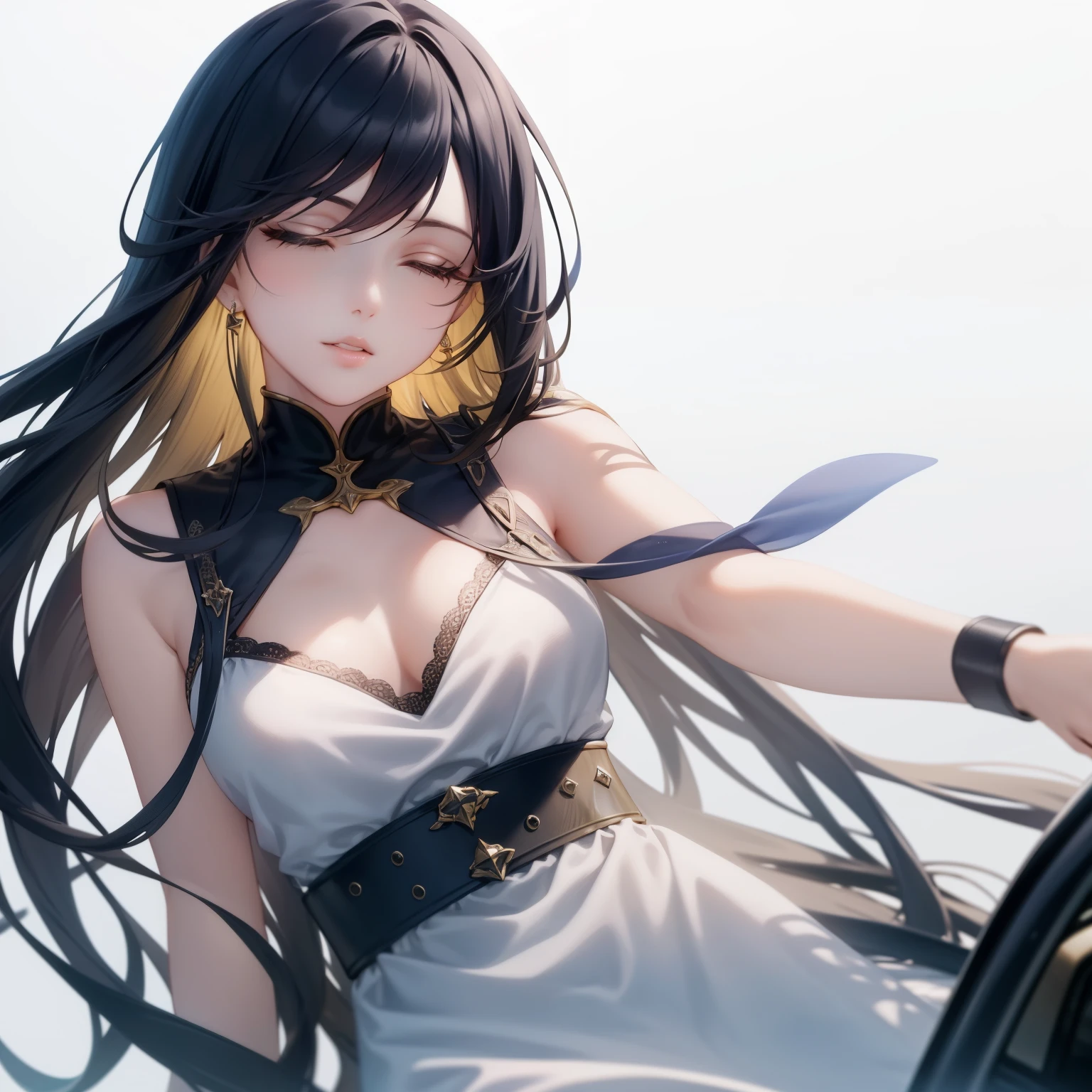 ((Masterpiece)), ((Best Quality)), 8K, HD, Super Detail, (Woman), (White dress studded with yellow gold rims), (Golden hair shawl scattered), (Expression closed eyes) (Sleeping in a car 1.6) (Full Body Display 1.4) The artwork is a masterpiece, with the best quality and super detail, captured in 8K HD. Photographic realistic, realistic, very detailed illustrations realistic, octane rendering，Excellent, masterpiece, ultra high resolution, Detailed background，best quality, 