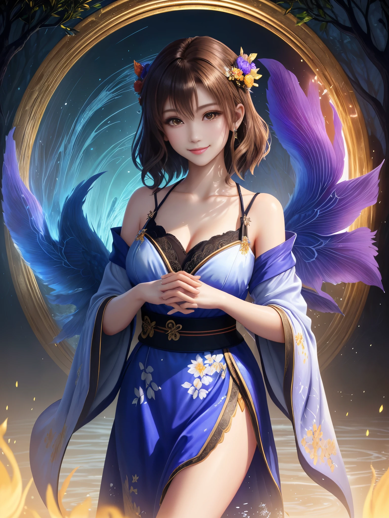 masterpiece , best quality,smile,smile,small face,shoulder exposure,golden kimono,A little cleavage exposure,double eyes,Beauty,beautiful woman,beautiful girl,Big eyes,light brown hair,Mysterious世界,god of water殿,in the forest,god of water,Mythical God,水色のMysterious雰囲気,Water sources surround the area,水色のMysterious背景,beautifully curled hair,slender body shape,brown eyes,Contrast faithfully reproduced,short hair,Beautiful short hair,Berry Short,short cut hair,just one person,precision quality,A faithful reproduction of the human eye,水色のMysterious雰囲気,水色のMysterious背景,beautiful details, colorful, delicate details, delicate lips, intricate details, genuine, ultrargenuineista, Mature, bright eyes, ,colorful fox, raposa de Beautiful digital art,shrine maiden,hold hands,exquisite digital illustration, mizutsune, Inspired by mythical wild web creatures, pixiv in digital art, shining light, high contrast, Mysterious,