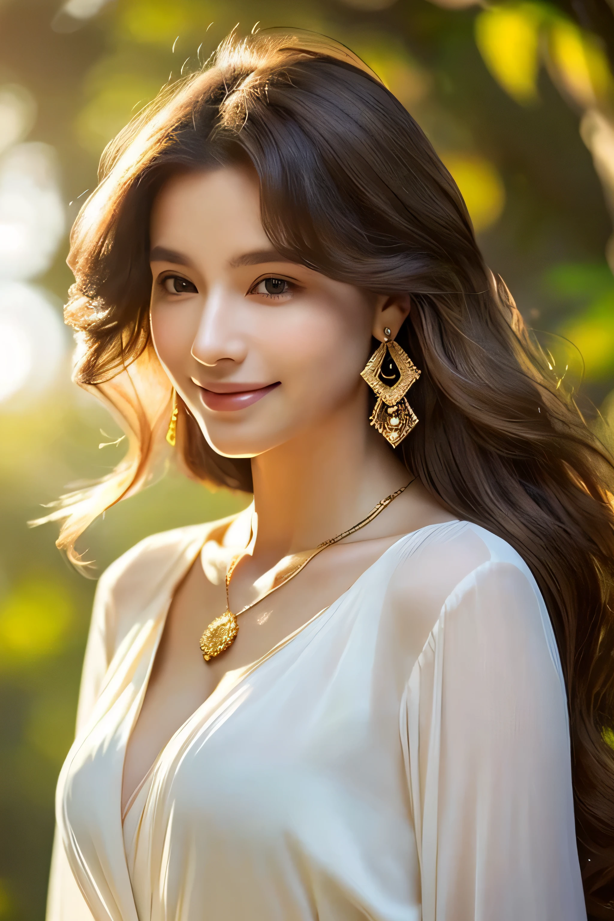 Please draw an image of a shining woman with golden skin that gently reflects the light.. her eyes, deep and mysterious, Adorned with long eyelashes that accentuate her seductive look. Her luxurious mane of dark brown waves rests gracefully on her shoulders.. She is immersed in a lush natural environment, Where the sunlight creates a magical aura around her. Create images that celebrate timeless beauty and a harmonious connection with nature、((Super long brown hair:1.2))((Hair with loose waves inside:1.2)),((gold necklace_Large earrings:1.2)),((shy smile:1.3)),((Chest cleavage,Wearing a white blouse, Smooth white tight clothes suit:1.3)),((look down at the viewer,from below:1.5))((arms up:1.1)),