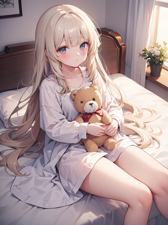 masterpiece, best quality, ultra-detailed, illustration, cute, Girl, Solo, from above, beige hair, long hair, wavy hair, blunt bangs, blouse, sleep, close eyes, wearing Pajamas, bed room, hag a stuffed teddy bear, lie down on the bed