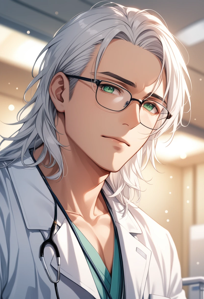 (masterpiece, best quality:1.2), (1boy), solo, 8k, white hair, ((long hair)), glasses, handsome male, very detailed, tall, doctor, anime style, at a hospital, white coat, blushing, beautiful green eyes, dynamic perspective, sharp focus, extremely detailed eyes and face, (depth of field, bokeh:1.3), bangs, from underneath, no focus, standing next to a hospital bed