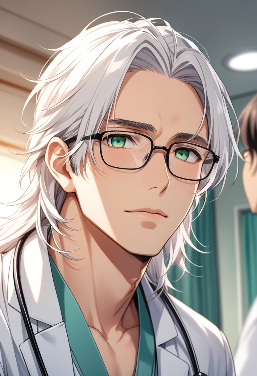 (masterpiece, best quality:1.2), (1boy), solo, 8k, white hair, ((long hair)), glasses, handsome male, very detailed, tall, doctor, anime style, at a hospital, white coat, blushing, beautiful green eyes, dynamic perspective, sharp focus, extremely detailed eyes and face, (depth of field, bokeh:1.3), bangs, from underneath, no focus, standing next to a hospital bed